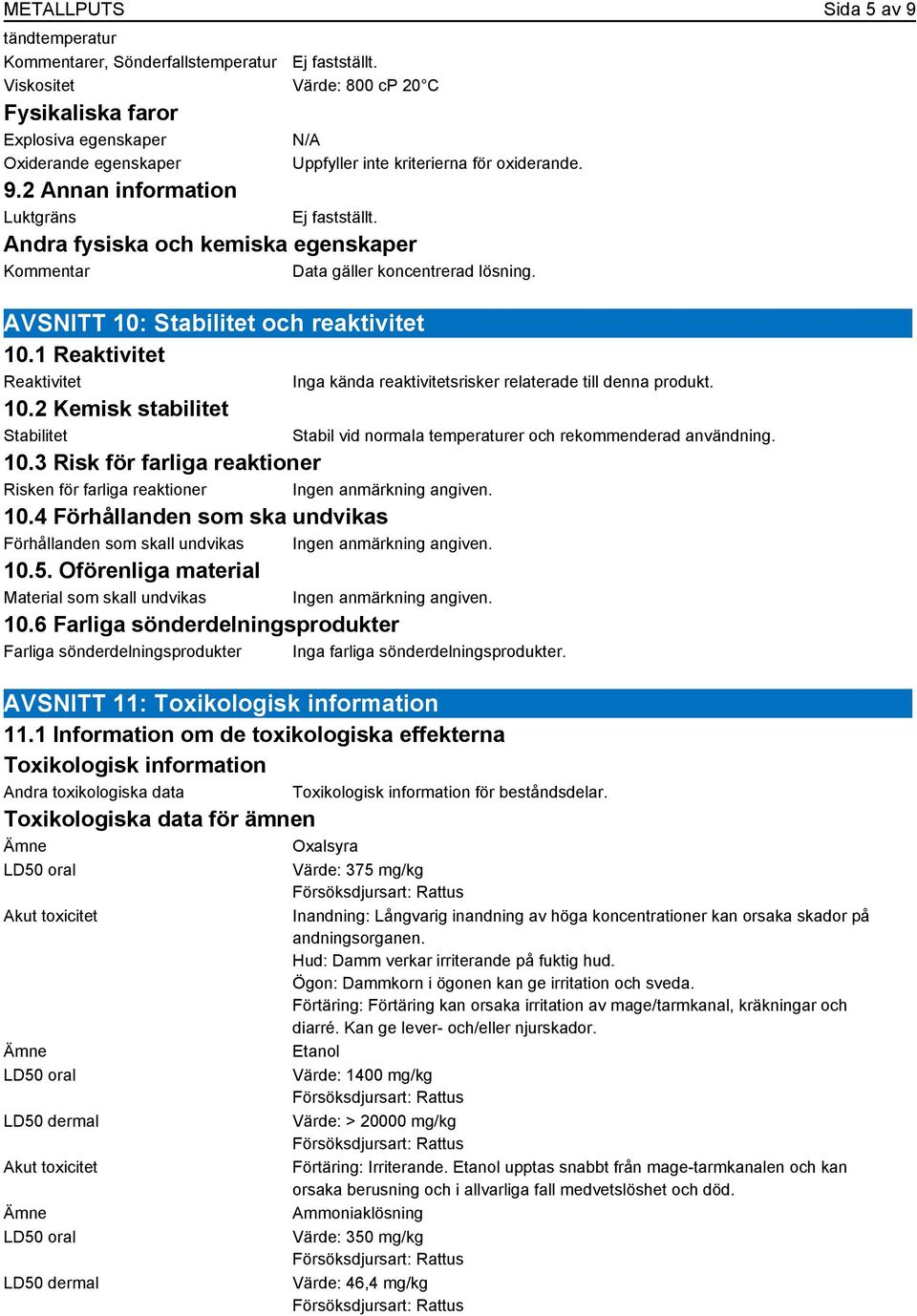 Andra fysiska och kemiska egenskaper Kommentar Data gäller koncentrerad lösning. AVSNITT 10: Stabilitet och reaktivitet 10.1 Reaktivitet Reaktivitet 10.2 Kemisk stabilitet Stabilitet 10.