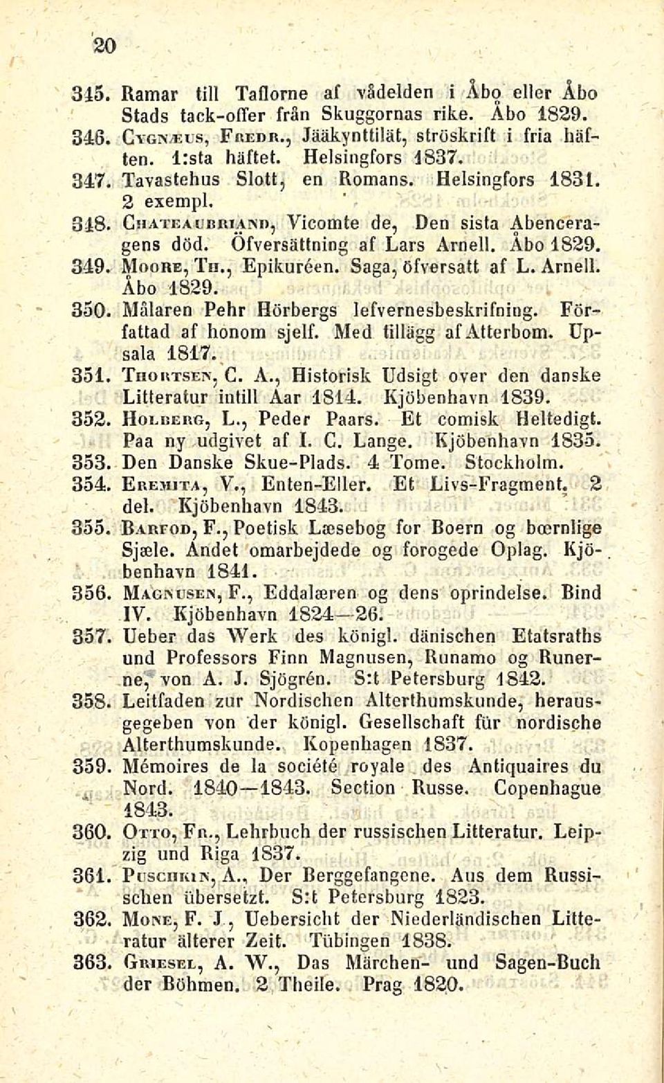 Saga, öfversatt af L. Arnell. Åbo 1839. 350. Mälaren Pehr Hörbergs lefvernesbeskrifning. Författad af honom sjelf. Med tillägg af Atterbom. Upsala 1817. 351 Thortsen, C. A., Historisk Udsigt over den danske Litteratur intill Åar 1814.