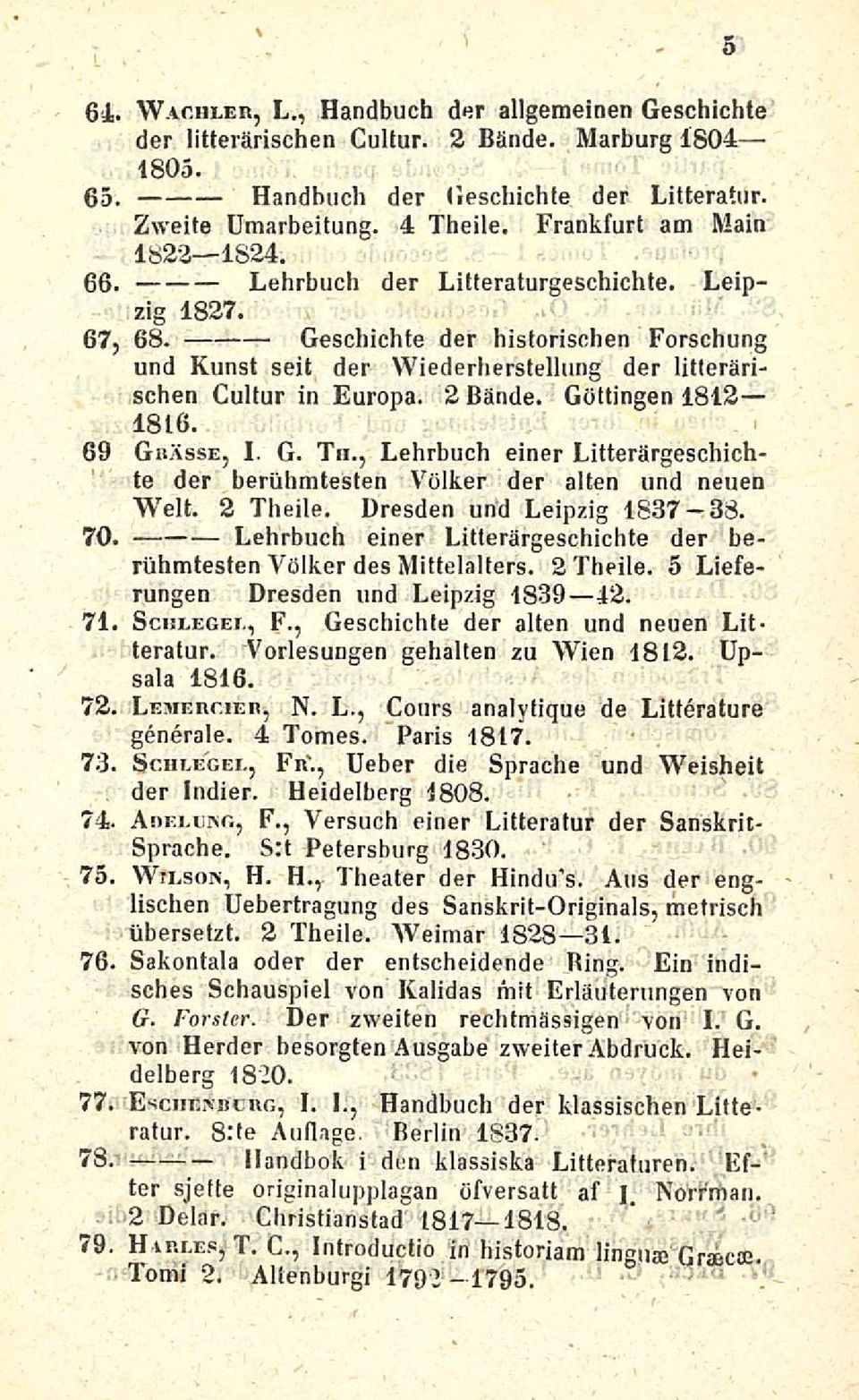 Geschichte der historischen Forschung und Kunst seit der Wiederherstellung der litterärischen Cultur in Europa. 2 Bände. Göttingen 1812 1816. 69 Gbässe, I. G. Th.