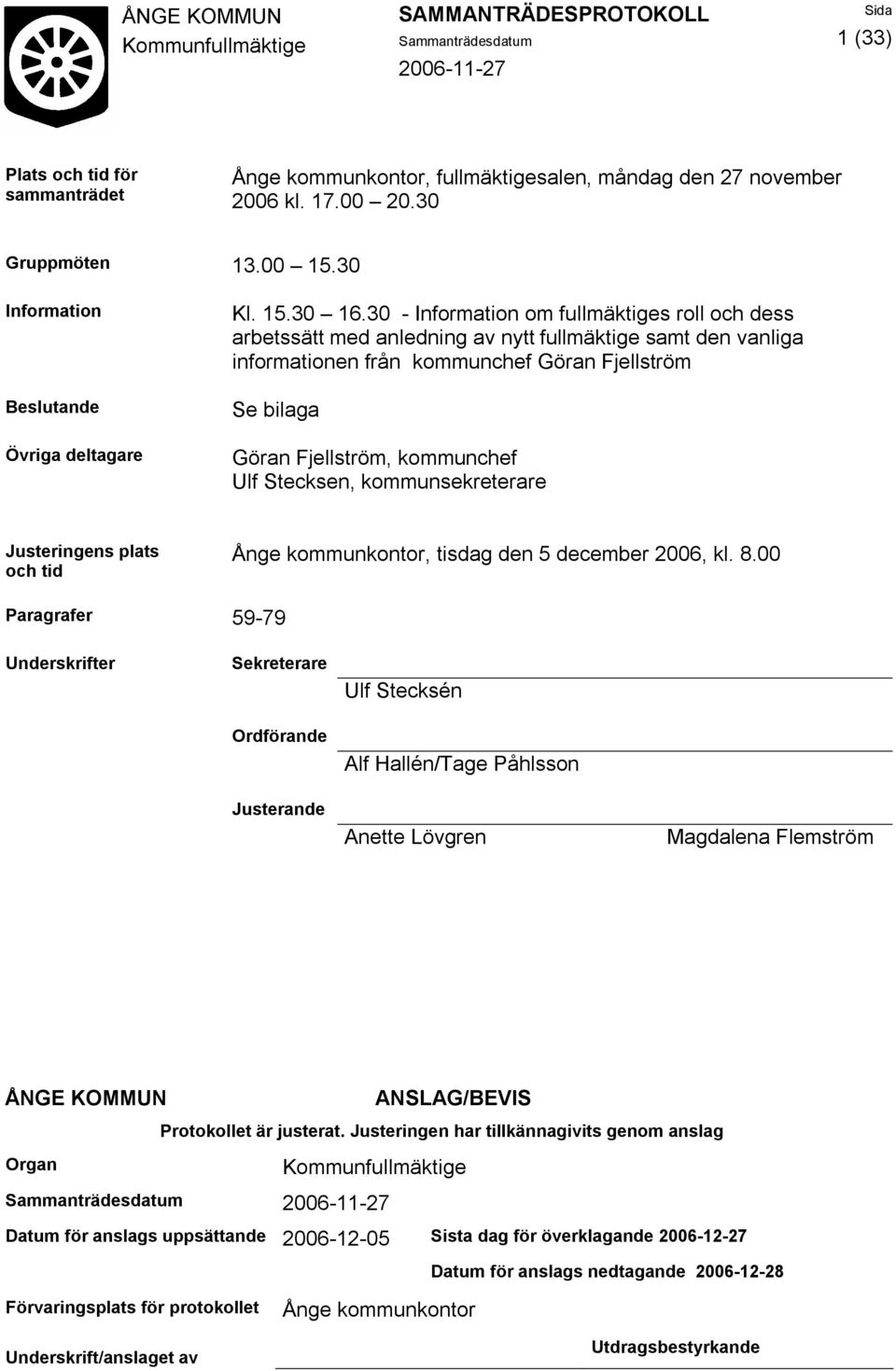 Stecksen, kommunsekreterare Justeringens plats och tid Ånge kommunkontor, tisdag den 5 december 2006, kl. 8.