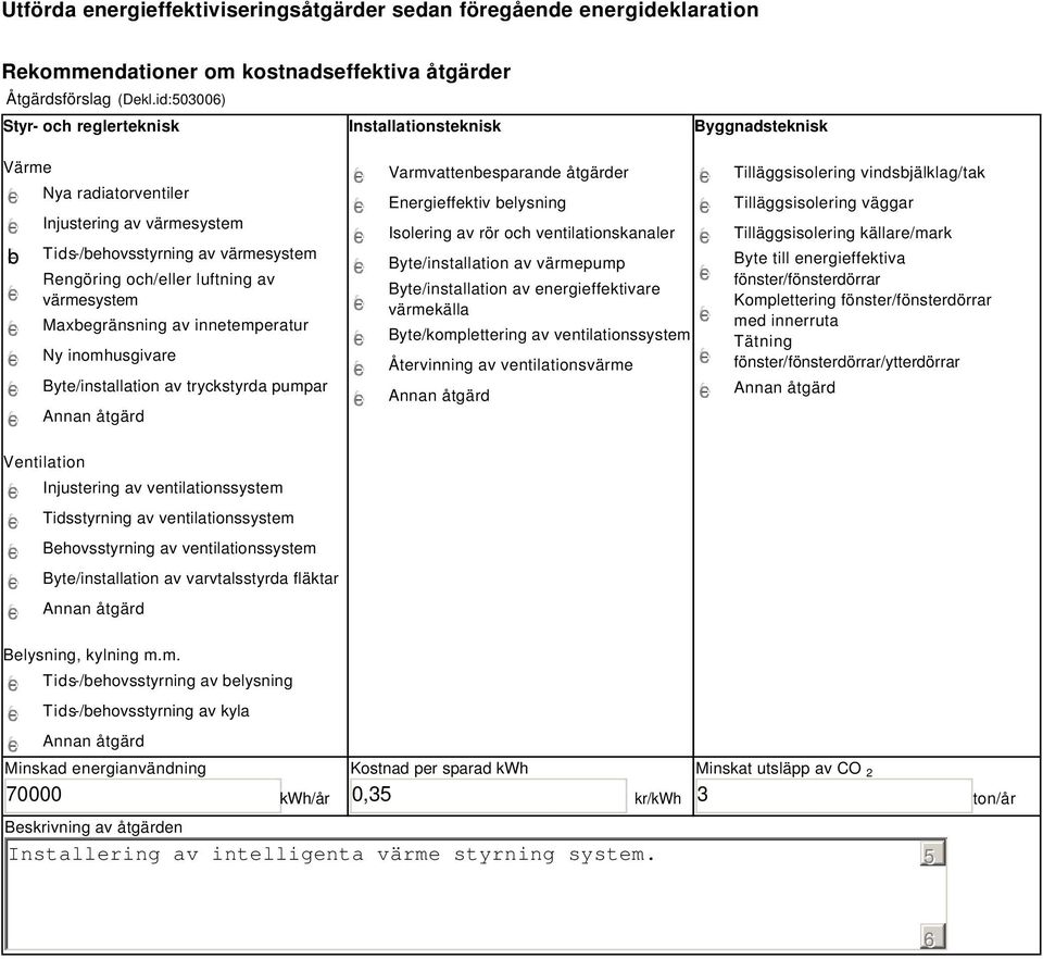 värmesystem Maxbegränsning av innetemperatur Ny inomhusgivare Byte/installation av tryckstyrda pumpar Varmvattenbesparande åtgärder Energieffektiv belysning Isolering av rör och ventilationskanaler