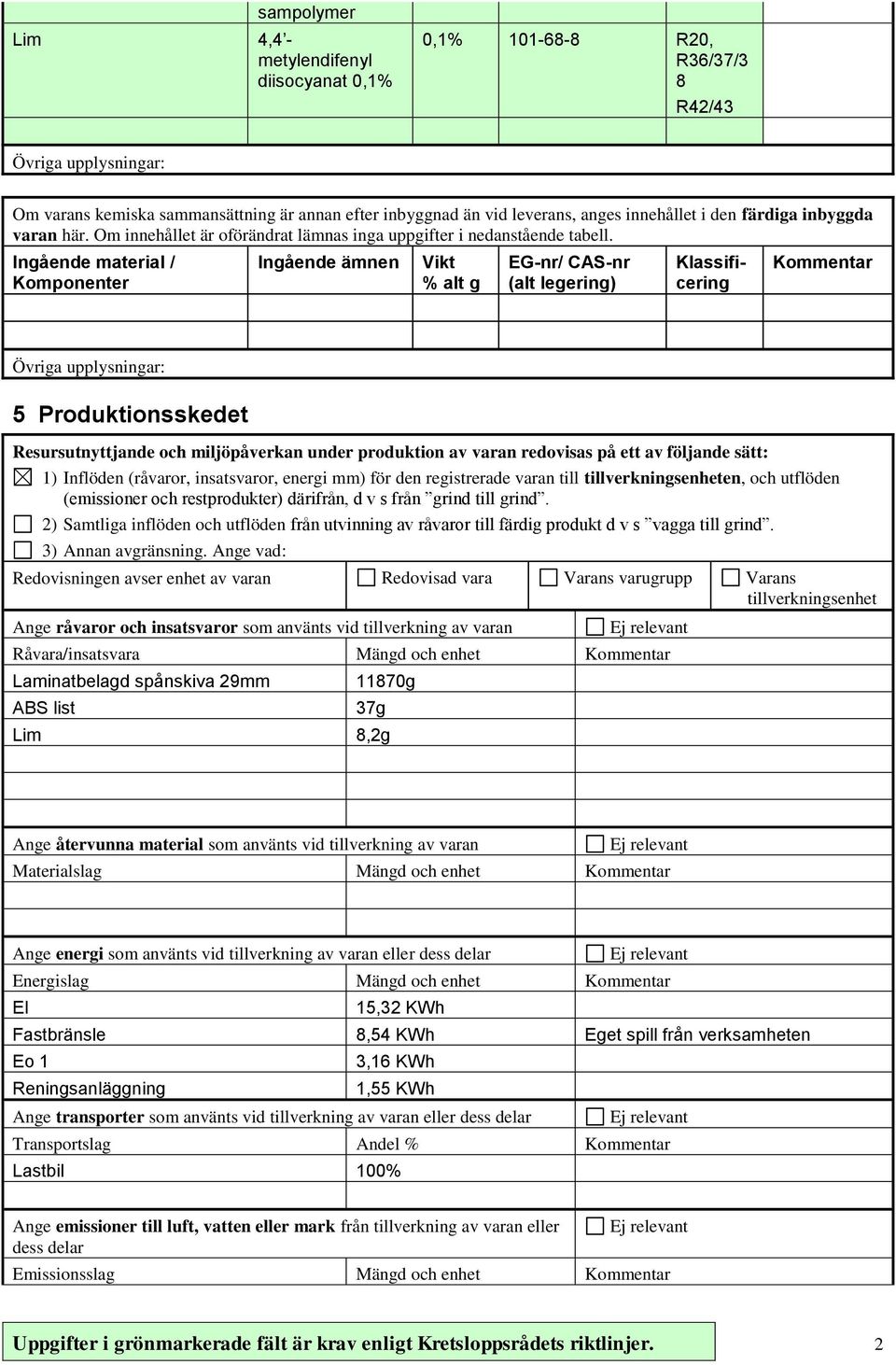 Ingående material / Komponenter Ingående ämnen Vikt % alt g EG-nr/ CAS-nr (alt legering) 5 Produktionsskedet Resursutnyttjande och miljöpåverkan under produktion av varan redovisas på ett av följande