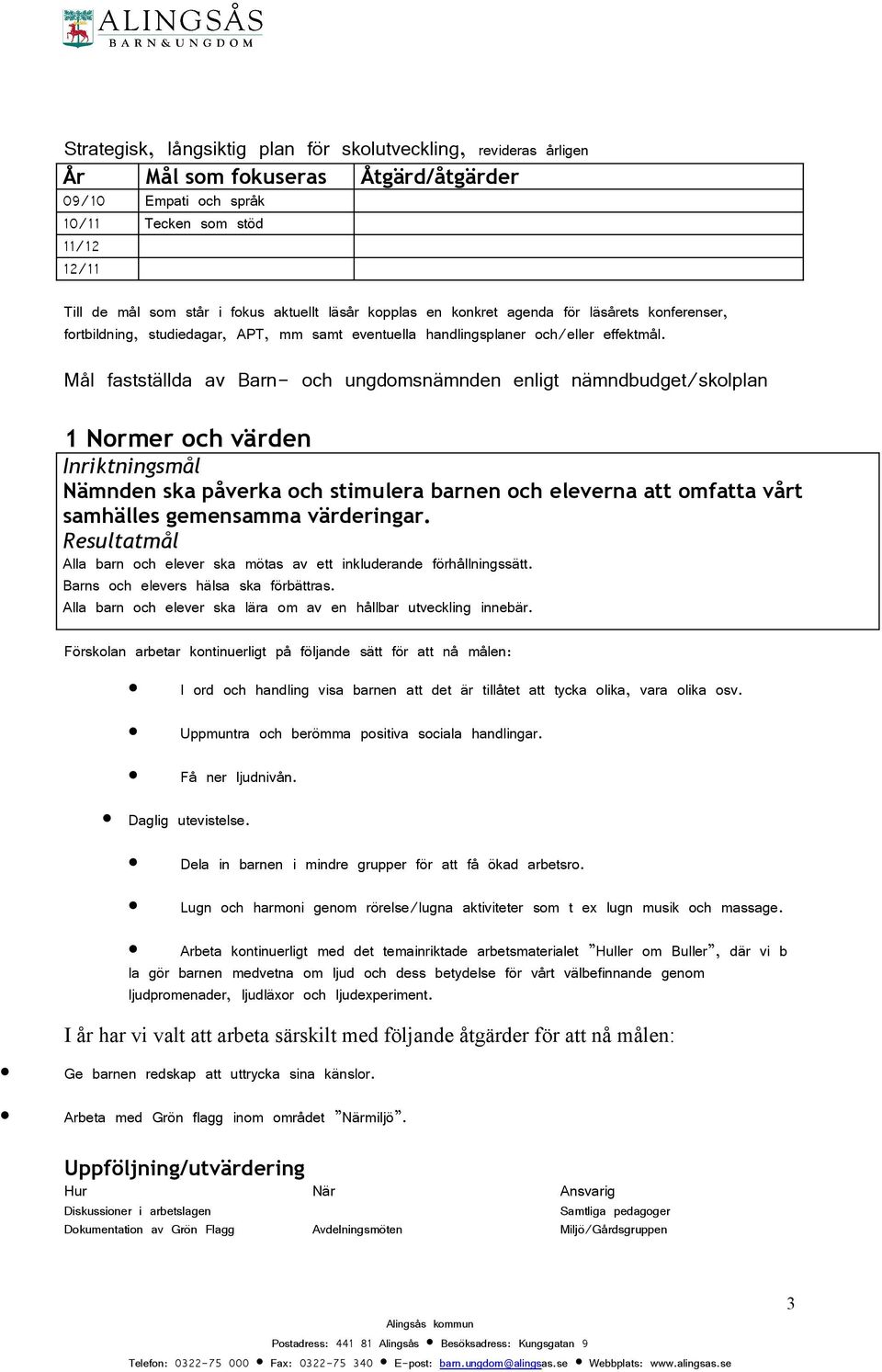 Mål fastställda av Barn- och ungdomsnämnden enligt nämndbudget/skolplan 1 Normer och värden Inriktningsmål Nämnden ska påverka och stimulera barnen och eleverna att omfatta vårt samhälles gemensamma