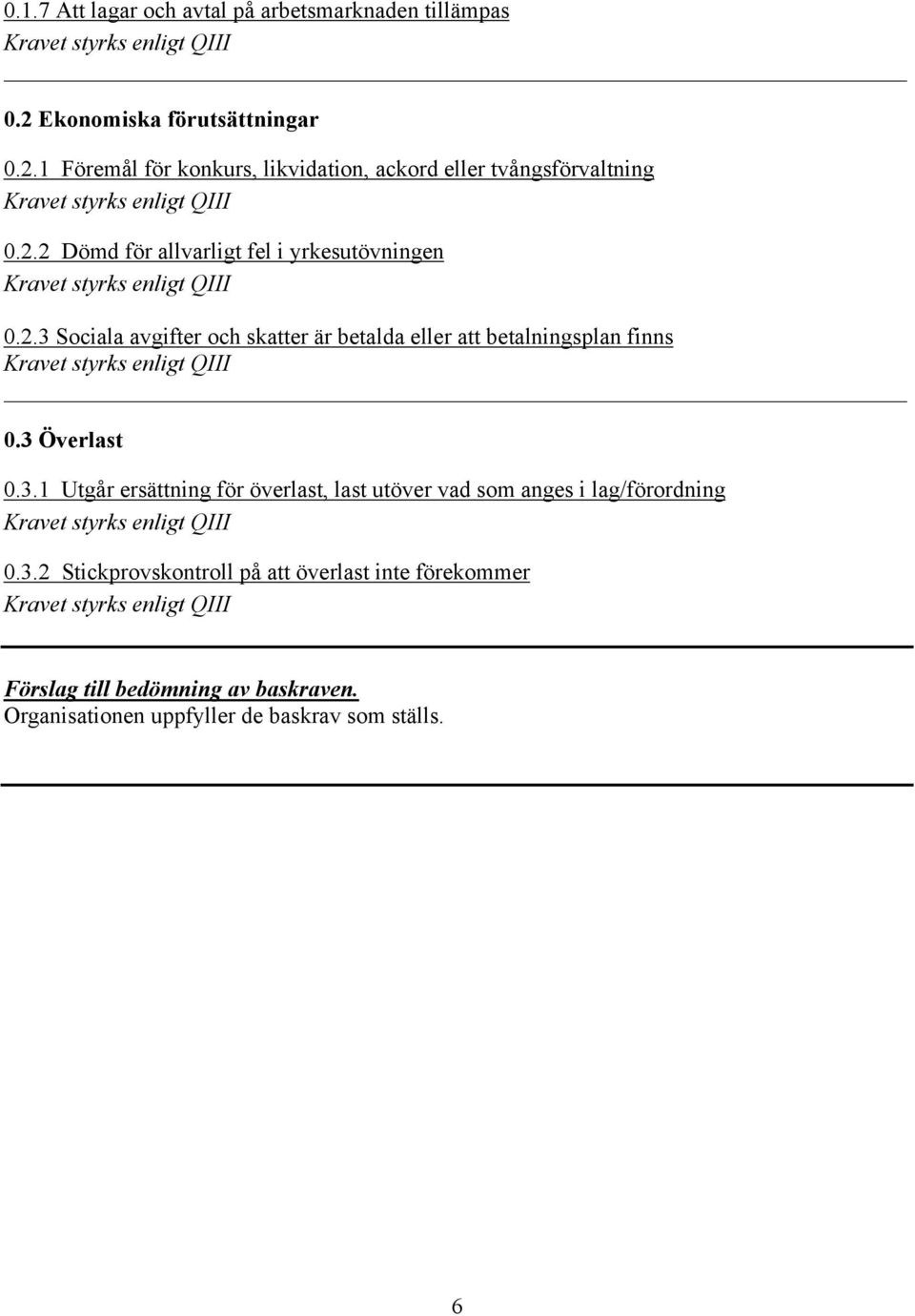 3 Överlast 0.3.1 Utgår ersättning för överlast, last utöver vad som anges i lag/förordning 0.3.2 Stickprovskontroll på att överlast inte förekommer Förslag till bedömning av baskraven.