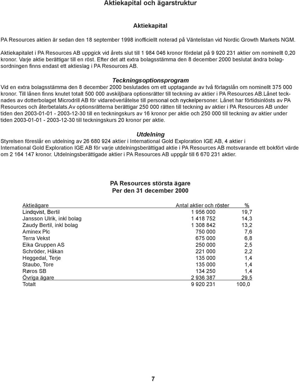 Efter det att extra bolagsstämma den 8 december 2000 beslutat ändra bolagsordningen nns endast ett aktieslag i PA Resources AB.