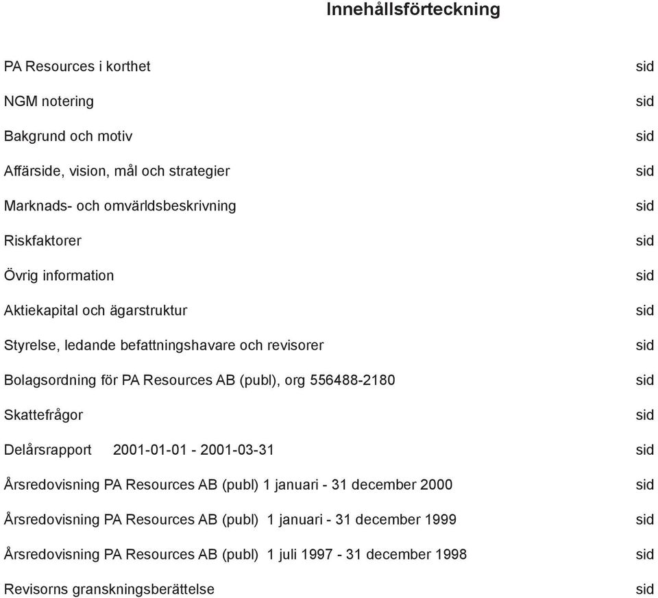 Skattefrågor sid sid sid sid sid sid sid sid sid sid sid Delårsrapport 2001-01-01-2001-03-31 sid Årsredovisning PA Resources AB (publ) 1 januari - 31 december 2000