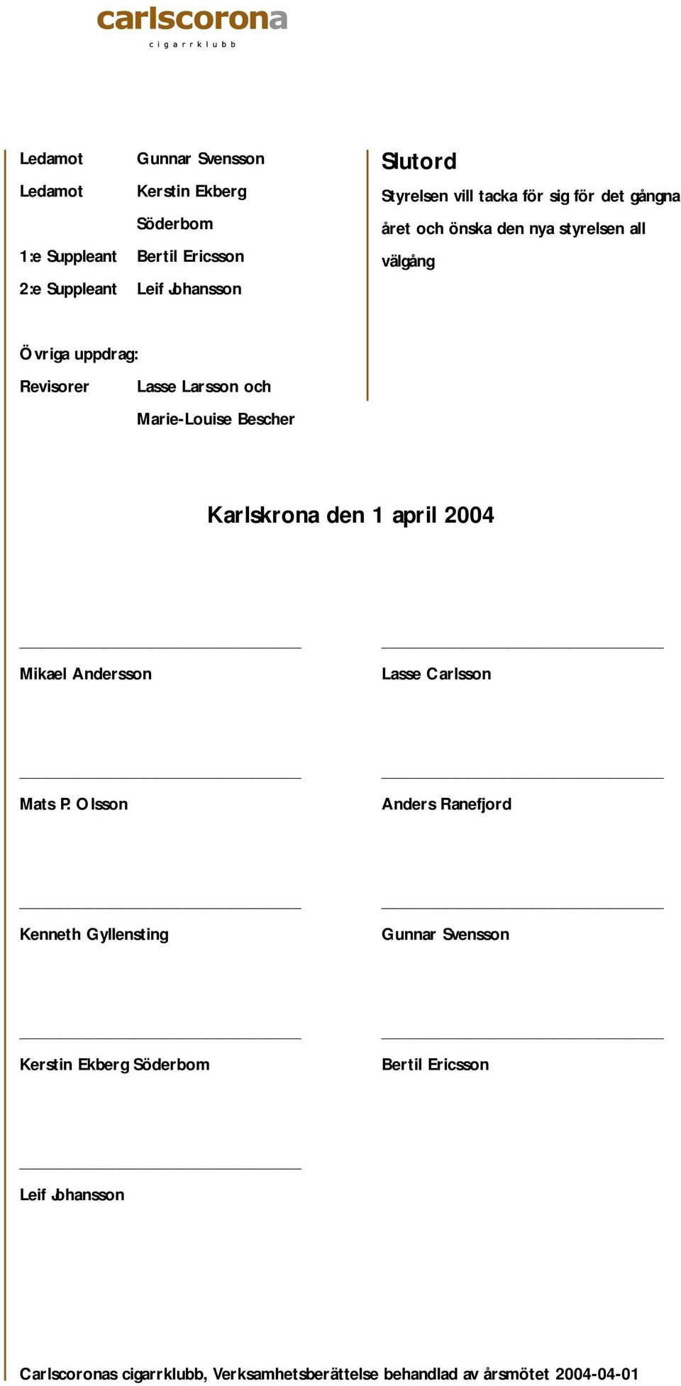 Marie-Louise Bescher Karlskrona den 1 april 2004 Mikael Andersson Lasse Carlsson Mats P.
