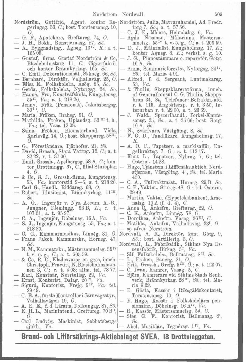 , Agneg. 161V, K.; a. t. - D. J., Målarmast. Kungsholmsg. 17, K.; 165 08. kontor Agneg. 8, K.; verkst. s. g. 10. - Gustaf, firma Gustaf Nordström & Co, - J. G., pianostämmare o. reparatör, Götg.