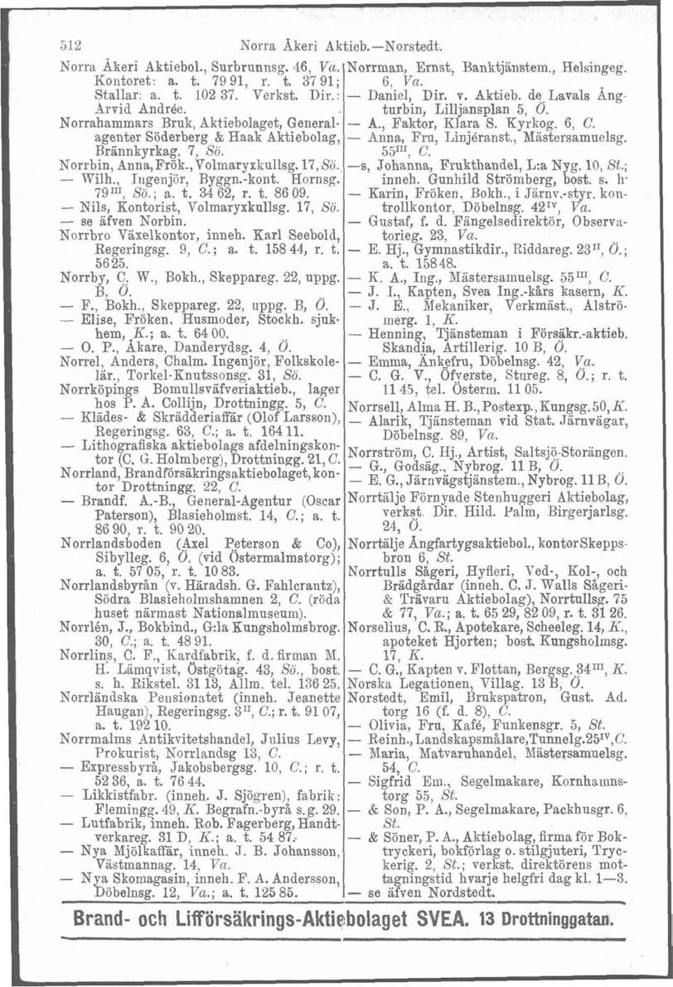 agenter Söderberg & Haak Aktiebolag, - Anna, Fru, Linjdranst., Mastersamuelsg. Rrannkyrkag. 7, Sö. 551n, C. Norrbin, Anna,Frök.,Volmaryxkullsg. 17, Sö. -s, Johanna, Frukthandel, L:a Nys. 10, St.