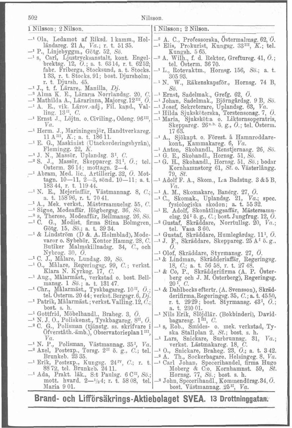 Osterm. 36 70. fabr. Fribergs, Stocksund, a. t. Stocks. -' L., Rotevaktm., Hornsg. 156, Sö.; a. t. 133, r. t. Stocks. 91; bost. Djursholm; 305 93. r. t. Djursh. 45. -l N. W., Räkenskapsför., Hornsg. 74 B, -l J.