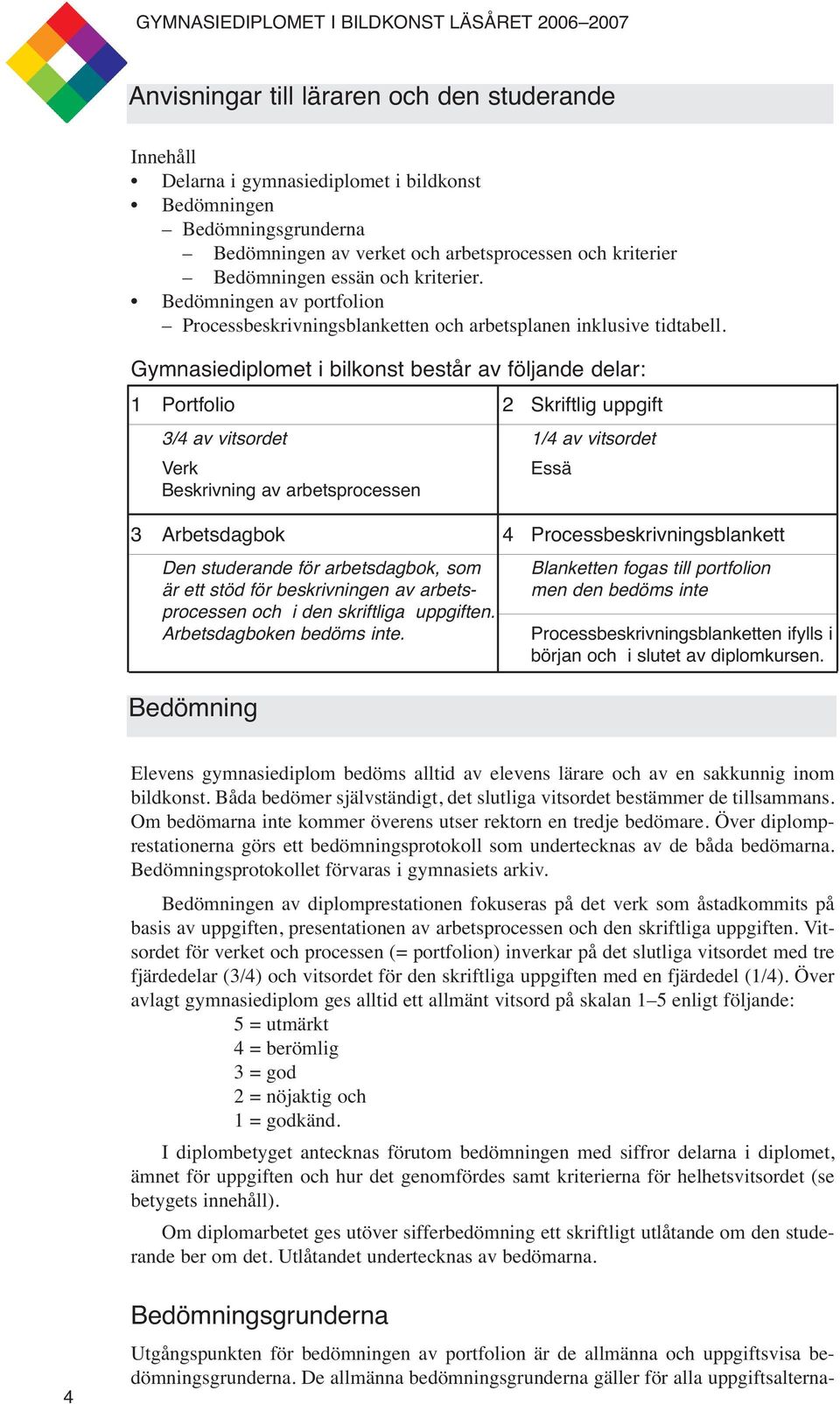 Gymnasiediplomet i bilkonst består av följande delar: 1 Portfolio 2 Skriftlig uppgift 3/4 av vitsordet 1/4 av vitsordet Verk Essä Beskrivning av arbetsprocessen 3 Arbetsdagbok 4