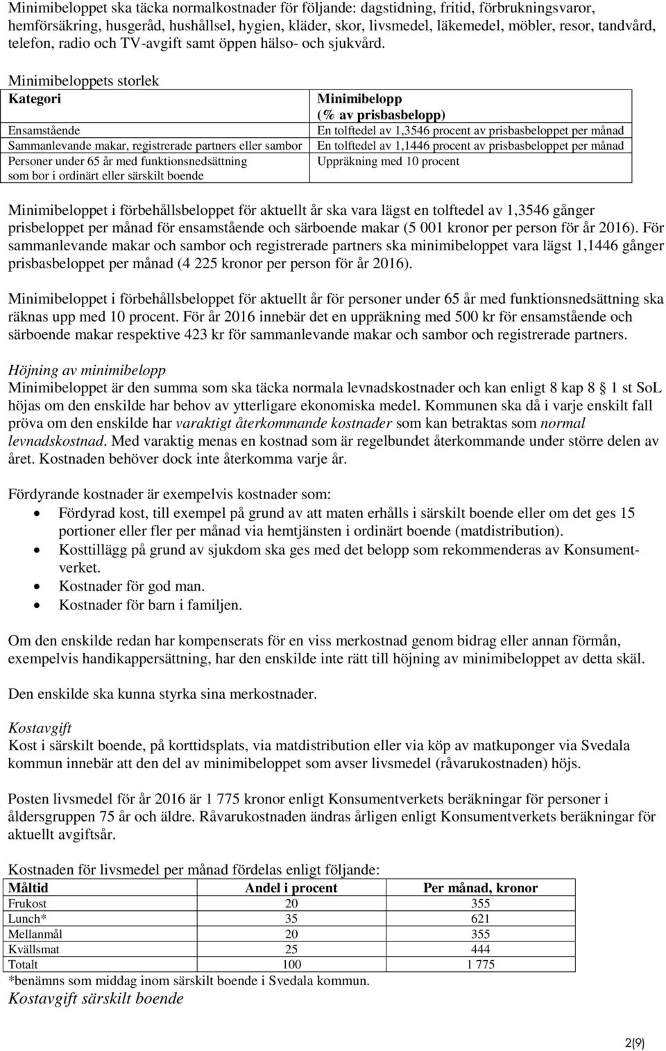 Minimibeloppets storlek Kategori Ensamstående Sammanlevande makar, registrerade partners eller sambor Personer under 65 år med funktionsnedsättning som bor i ordinärt eller särskilt boende