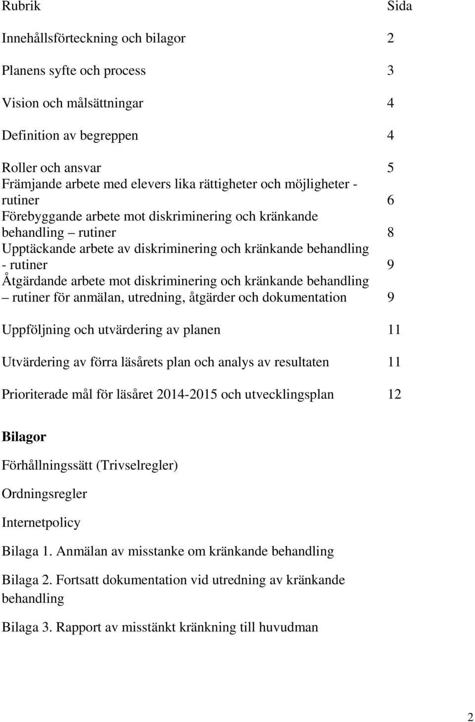 diskriminering och kränkande behandling rutiner för anmälan, utredning, åtgärder och dokumentation 9 Uppföljning och utvärdering av planen 11 Utvärdering av förra läsårets plan och analys av