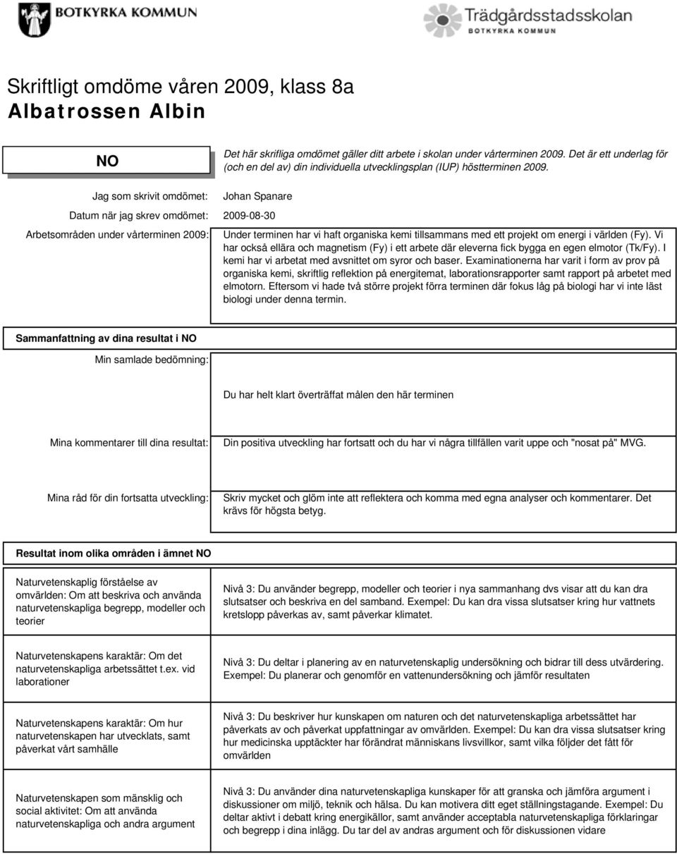 Examinationerna har varit i form av prov på organiska kemi, skriftlig reflektion på energitemat, laborationsrapporter samt rapport på arbetet med elmotorn.