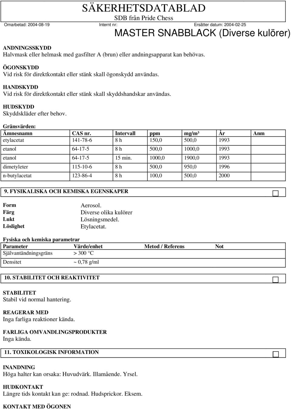 141-78-6 Intervall 8 h ppm 150,0 mg/m³ 500,0 År 1993 Anm etanol 64-17-5 8 h 500,0 1000,0 1993 etanol 64-17-5 15 min.