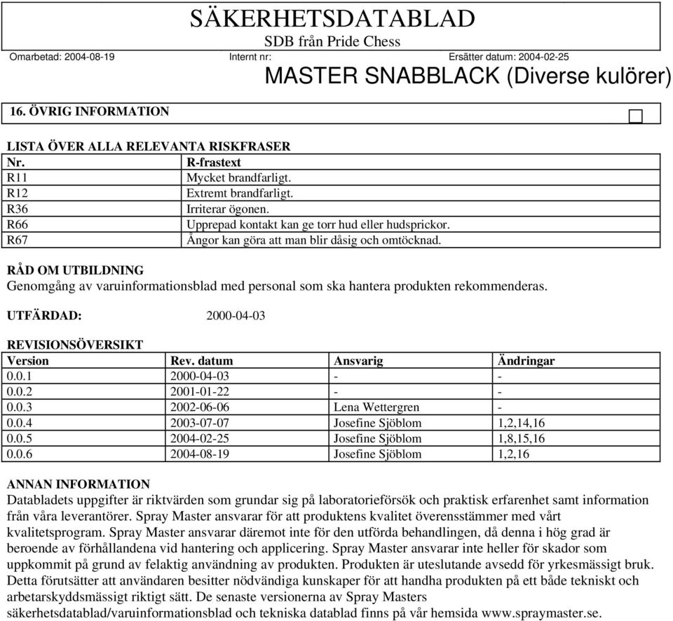 RÅD OM UTBILDNING Genomgång av varuinformationsblad med personal som ska hantera produkten rekommenderas. UTFÄRDAD: 2000-04-03 REVISIONSÖVERSIKT Version Rev. datum Ansvarig Ändringar 0.0.1 2000-04-03 - - 0.