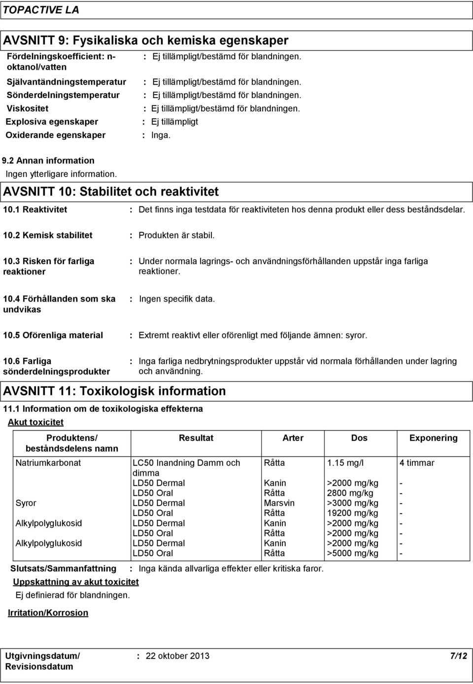 1 Reaktivitet Det finns inga testdata för reaktiviteten hos denna produkt eller dess beståndsdelar. 10.