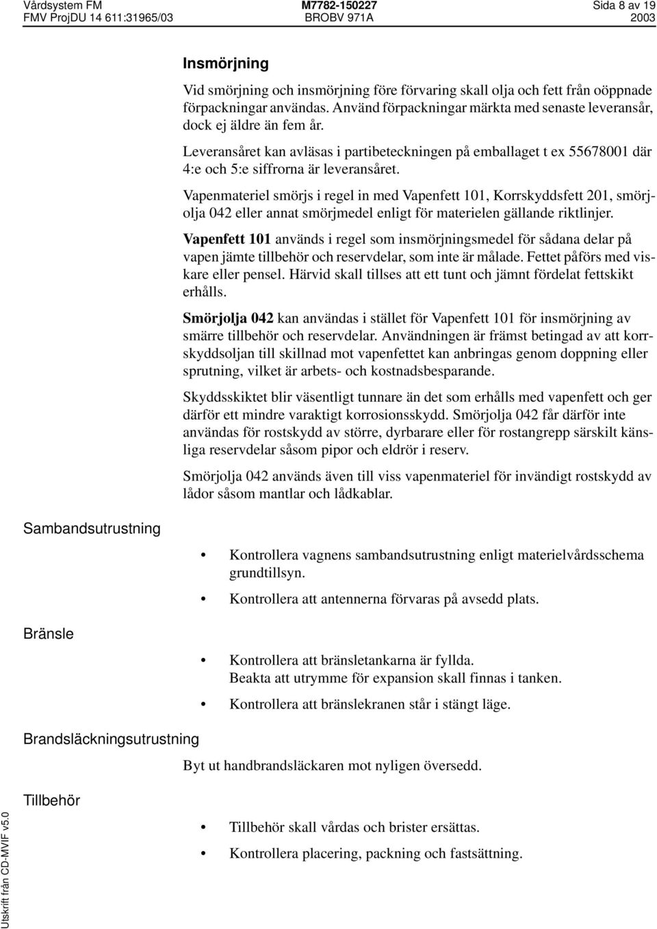 Vapenmateriel smörjs i regel in med Vapenfett 101, Korrskyddsfett 201, smörjolja 042 eller annat smörjmedel enligt för materielen gällande riktlinjer.