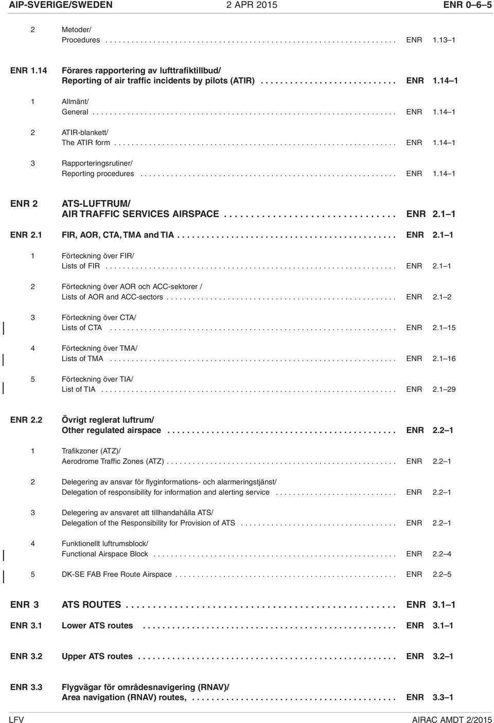 ................................................................ ENR 1.14 1 3 Rapporteringsrutiner/ Reporting procedures........................................................... ENR 1.14 1 ENR 2 ATS-LUFTRUM/ AIR TRAFFIC SERVICES AIRSPACE.