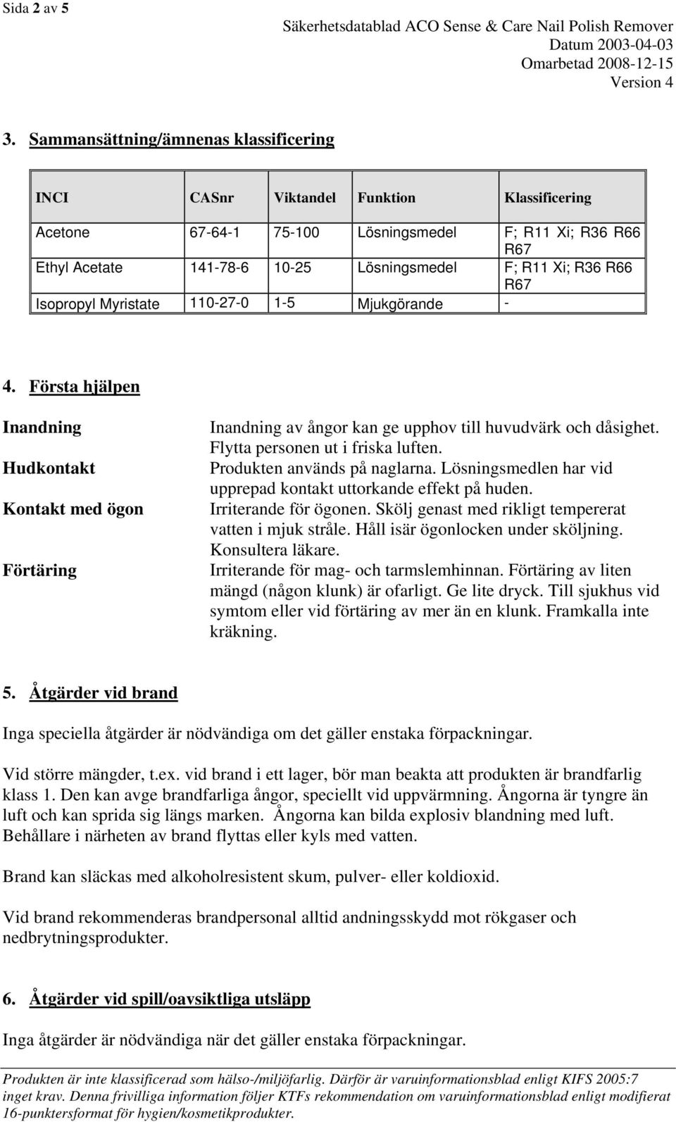 R66 Isopropyl Myristate 110-27-0 1-5 Mjukgörande - 4. Första hjälpen Inandning Hudkontakt Kontakt med ögon Förtäring Inandning av ångor kan ge upphov till huvudvärk och dåsighet.