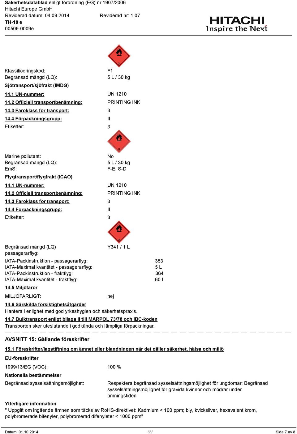 2 Officiell transportbenämning: 14. Faroklass för transport: 14.