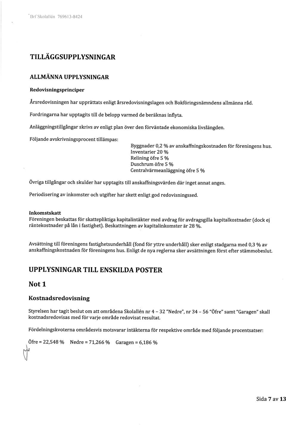 Följande avskrivningsprocent tillämpas: Byggnader 0,2 % av anskaffningskostnaden för föreningens hus.