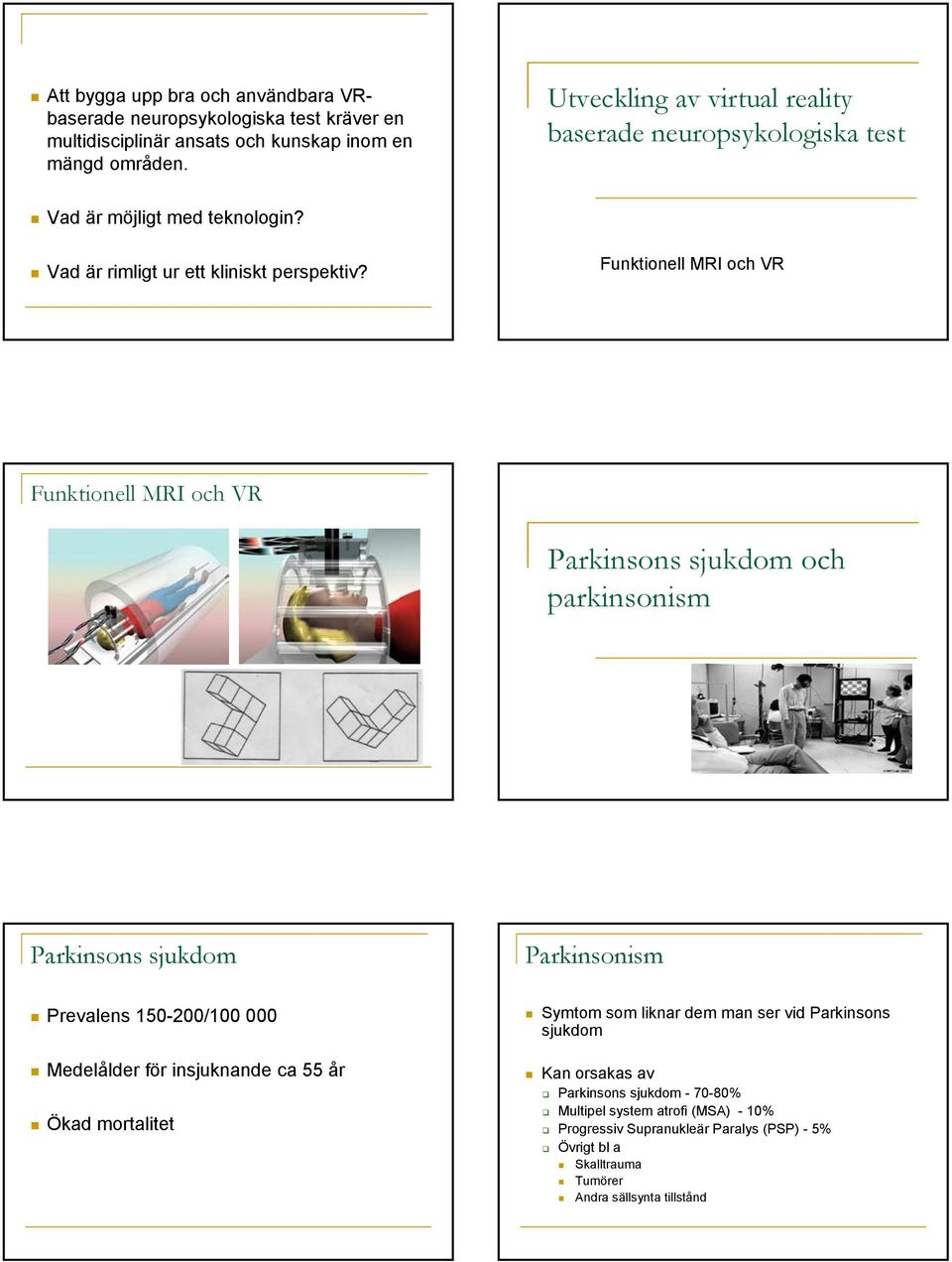 Funktionell MRI och VR Funktionell MRI och VR Parkinsons sjukdom och parkinsonism Parkinsons sjukdom Parkinsonism Prevalens 150-200/100 000 Medelålder för insjuknande ca 55