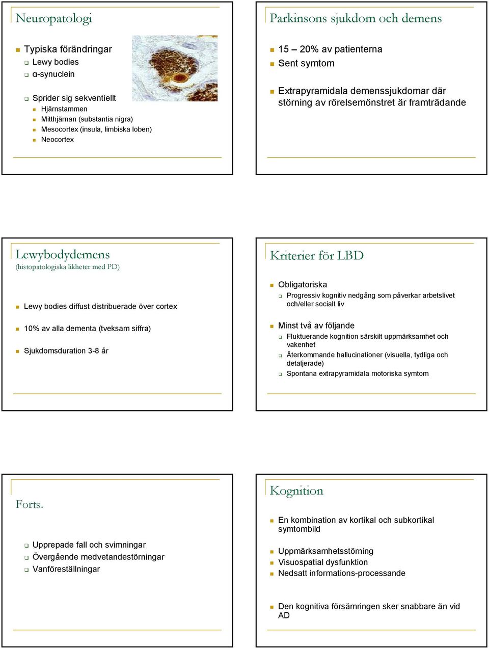 distribuerade över cortex 10% av alla dementa (tveksam siffra) Sjukdomsduration 3-8 år Kriterier för LBD Obligatoriska Progressiv kognitiv nedgång som påverkar arbetslivet och/eller socialt liv Minst