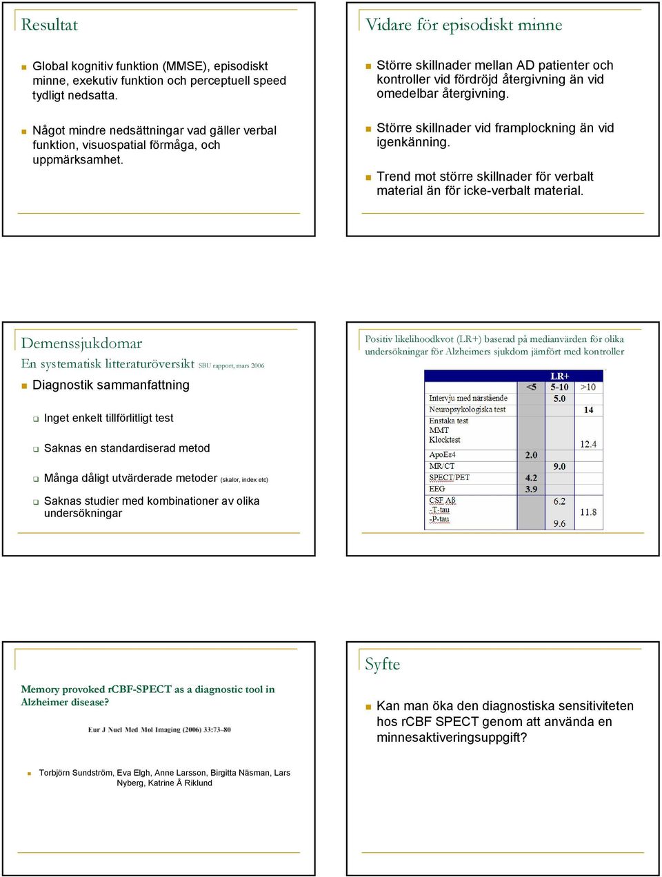 Större skillnader mellan AD patienter och kontroller vid fördröjd återgivning än vid omedelbar återgivning. Större skillnader vid framplockning än vid igenkänning.