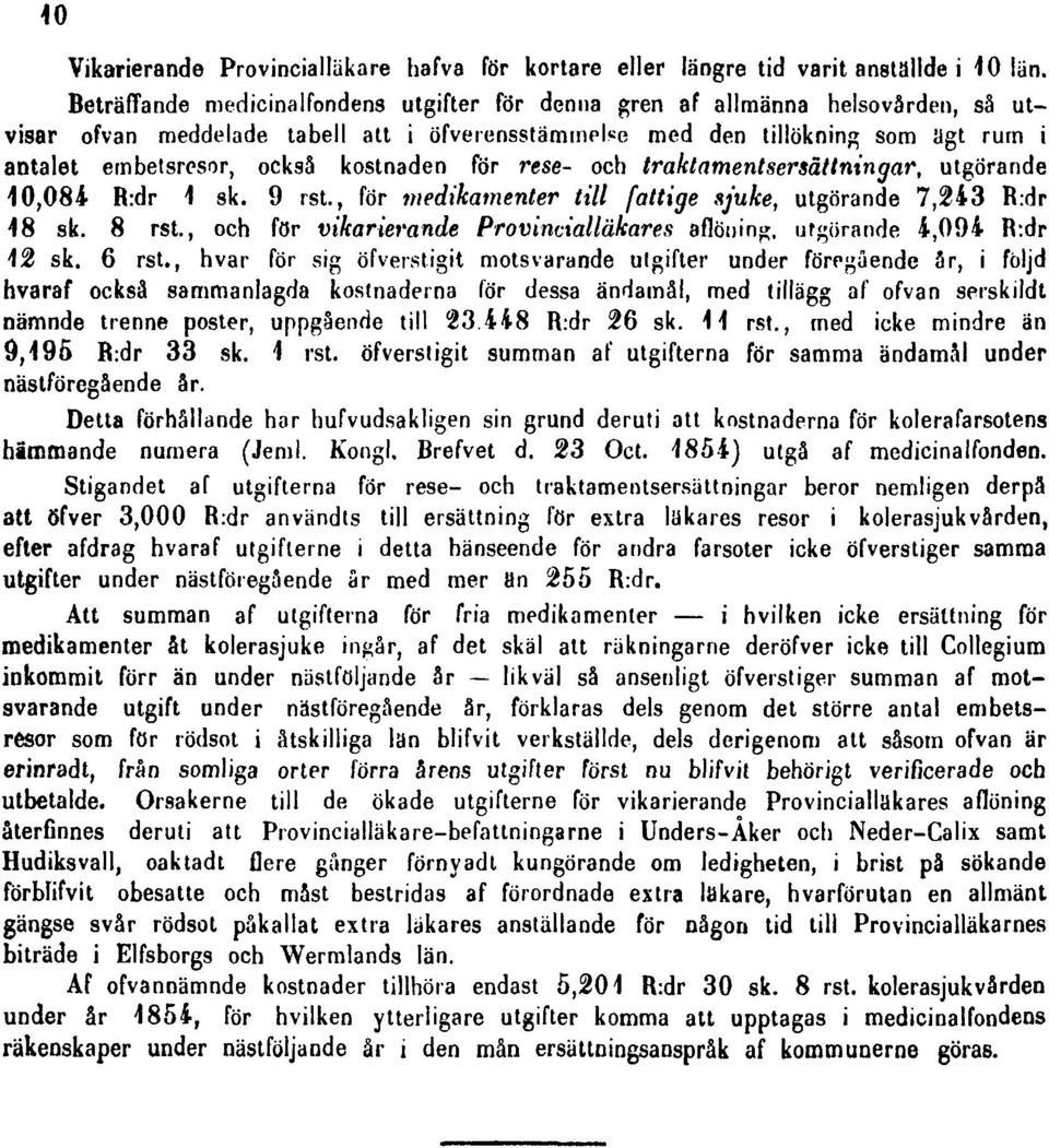 kostnaden för rese- och traktamentsersåttningar, utgörande 10,084 R:dr 1 sk. 9 rst., för viedikamenter till fattige sjuke, utgörande 7,243 R:dr 48 sk. 8 rst.