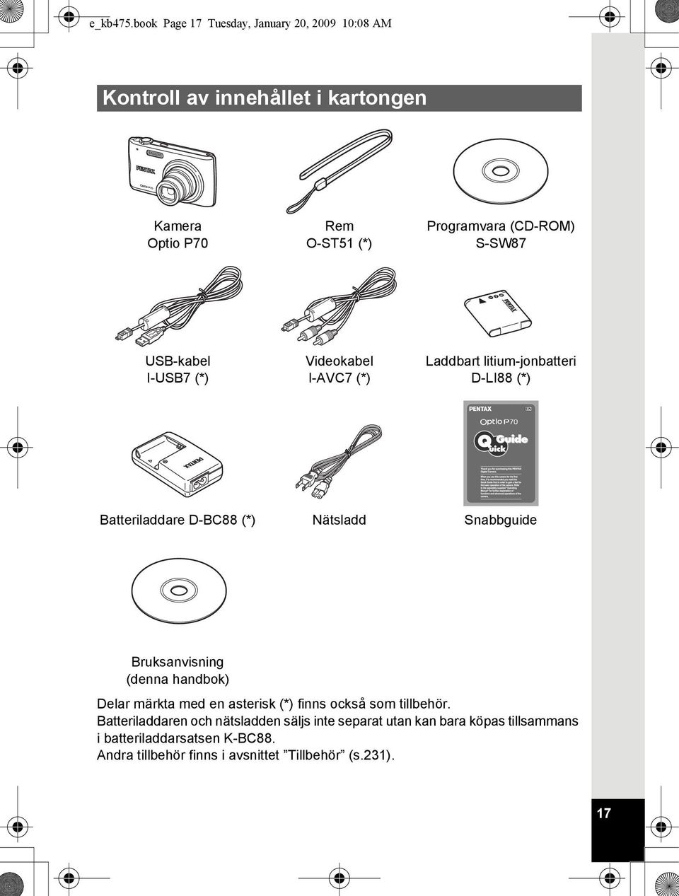 (CD-ROM) S-SW87 USB-kabel I-USB7 (*) Videokabel I-AVC7 (*) Laddbart litium-jonbatteri D-LI88 (*) Batteriladdare D-BC88 (*) Nätsladd