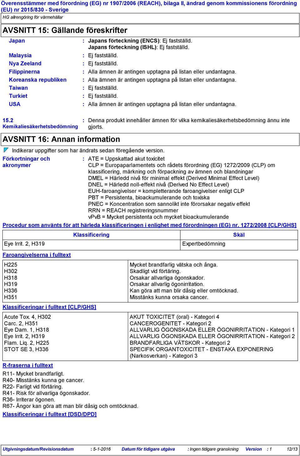 2 Kemikaliesäkerhetsbedömning AVSNITT 16 Annan information R-fraserna i fulltext R11- Mycket brandfarligt. R40- Misstänks kunna ge cancer. R22- Farligt vid förtäring.