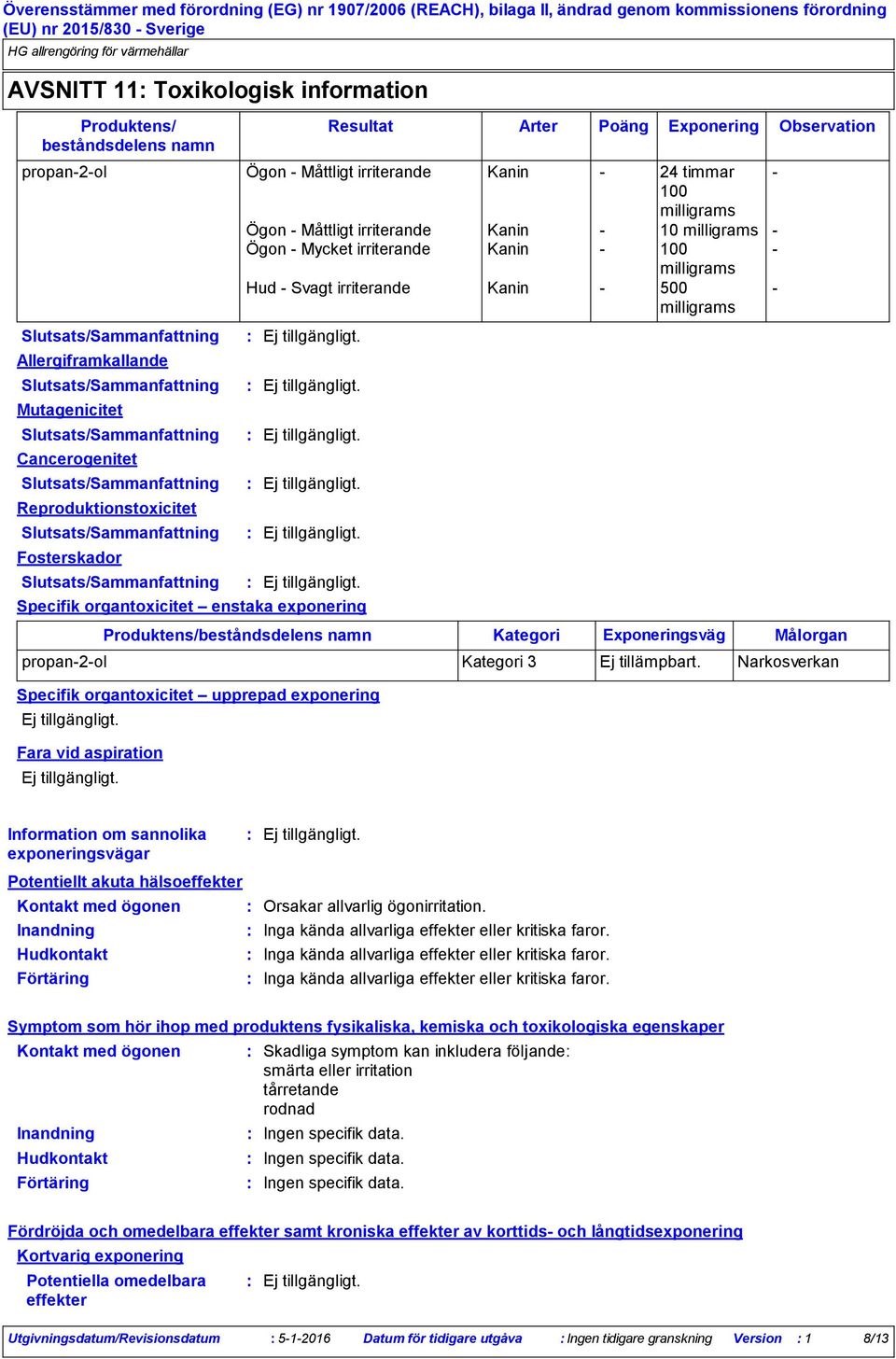 Specifik organtoxicitet upprepad exponering Fara vid aspiration Resultat Arter Poäng Exponering Observation Kategori Exponeringsväg Målorgan propan-2-ol Kategori 3 Ej tillämpbart.