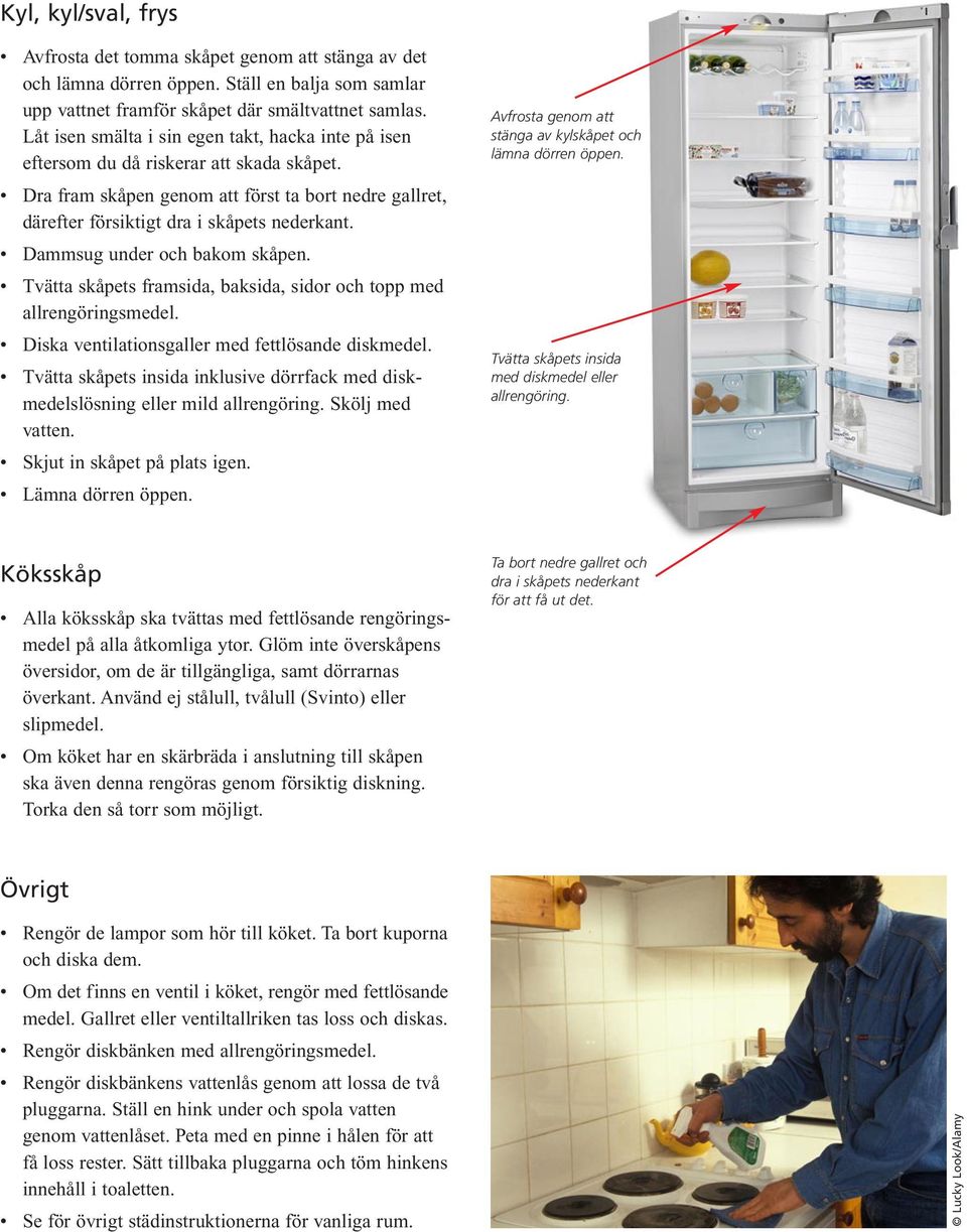 Dammsug under och bakom skåpen. Tvätta skåpets framsida, baksida, sidor och topp med allrengöringsmedel. Diska ventilationsgaller med fettlösande diskmedel.