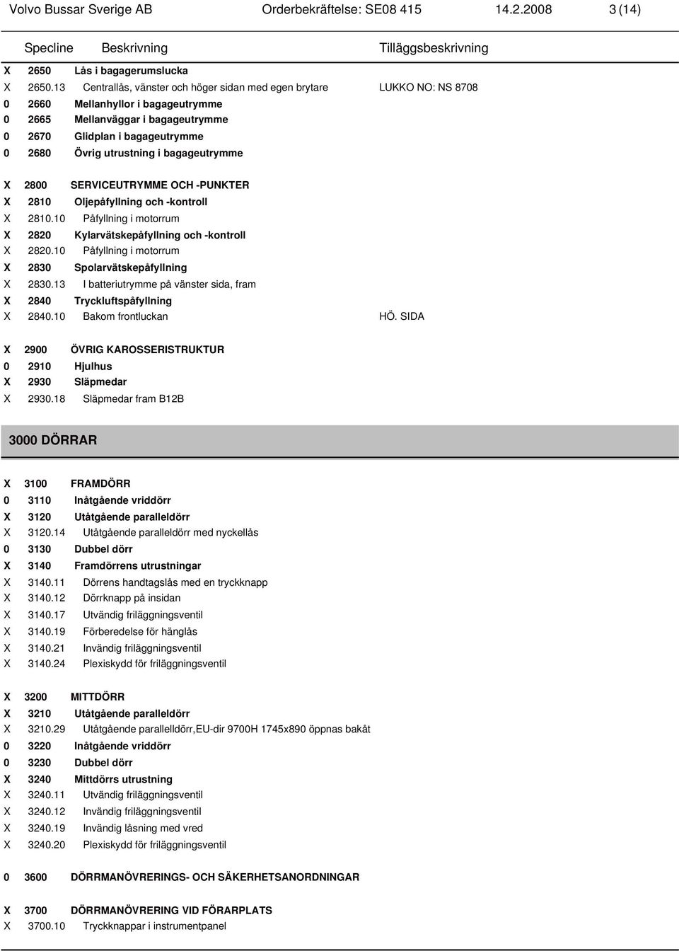 utrustning i bagageutrymme X 2800 SERVICEUTRYMME OCH -PUNKTER X 2810 Oljepåfyllning och -kontroll X 2810.10 Påfyllning i motorrum X 2820 Kylarvätskepåfyllning och -kontroll X 2820.