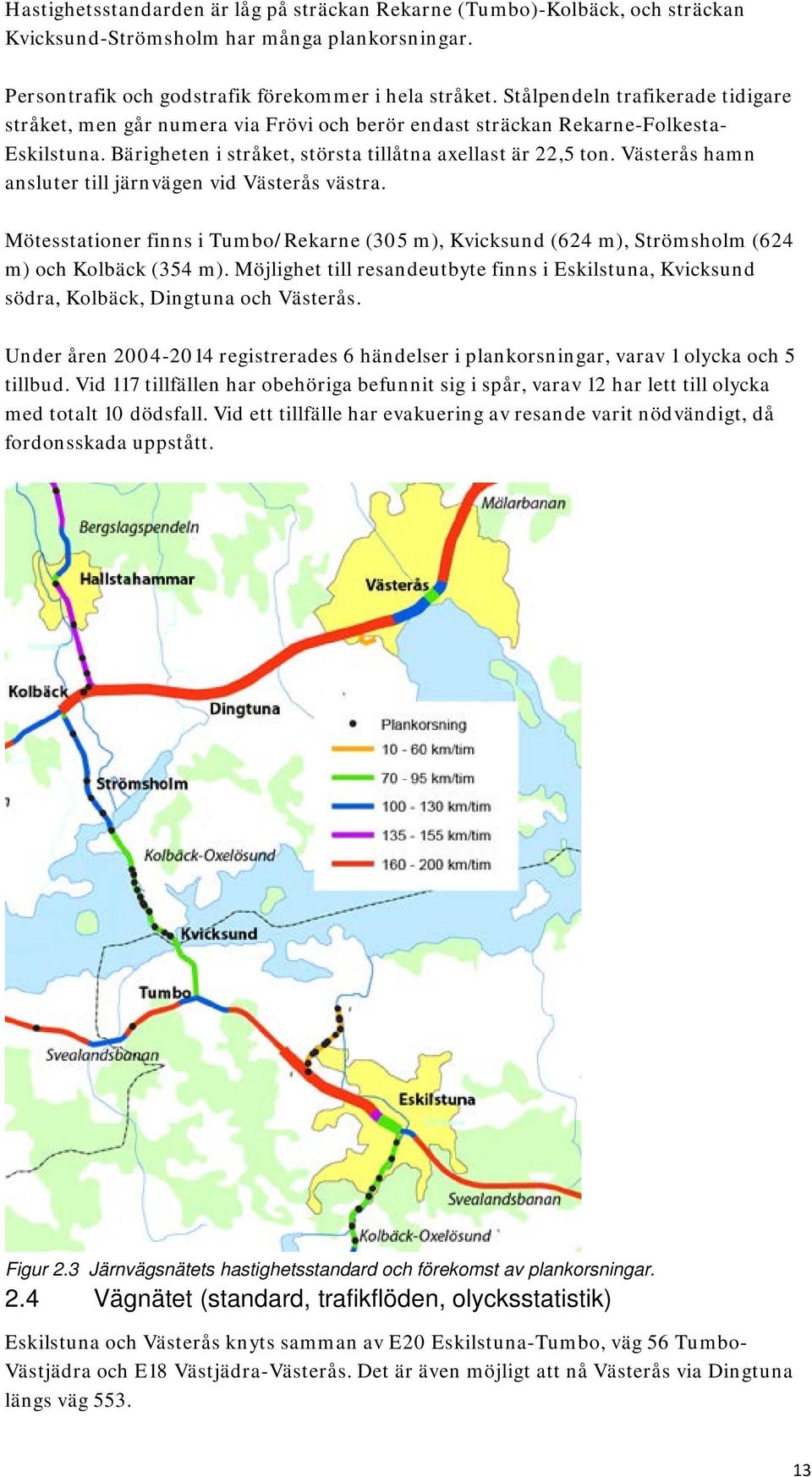 Västerås hamn ansluter till järnvägen vid Västerås västra. Mötesstationer finns i Tumbo/Rekarne (305 m), Kvicksund (624 m), Strömsholm (624 m) och Kolbäck (354 m).