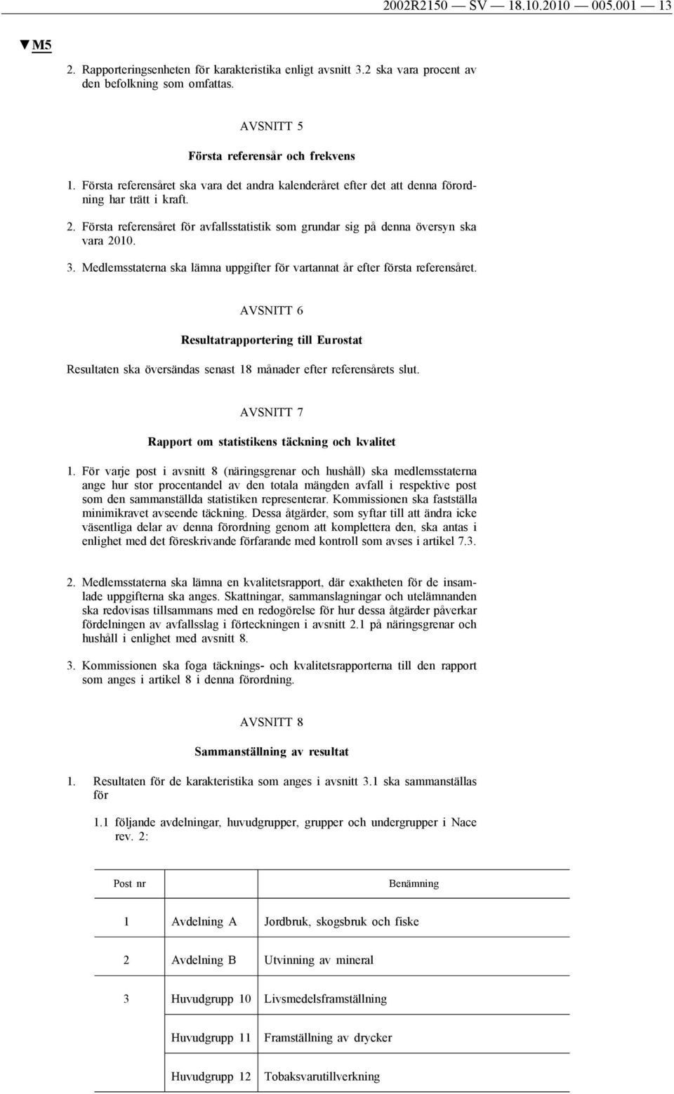 Medlemsstaterna ska lämna uppgifter för vartannat år efter första referensåret. AVSNITT 6 Resultatrapportering till Eurostat Resultaten ska översändas senast 18 månader efter referensårets slut.