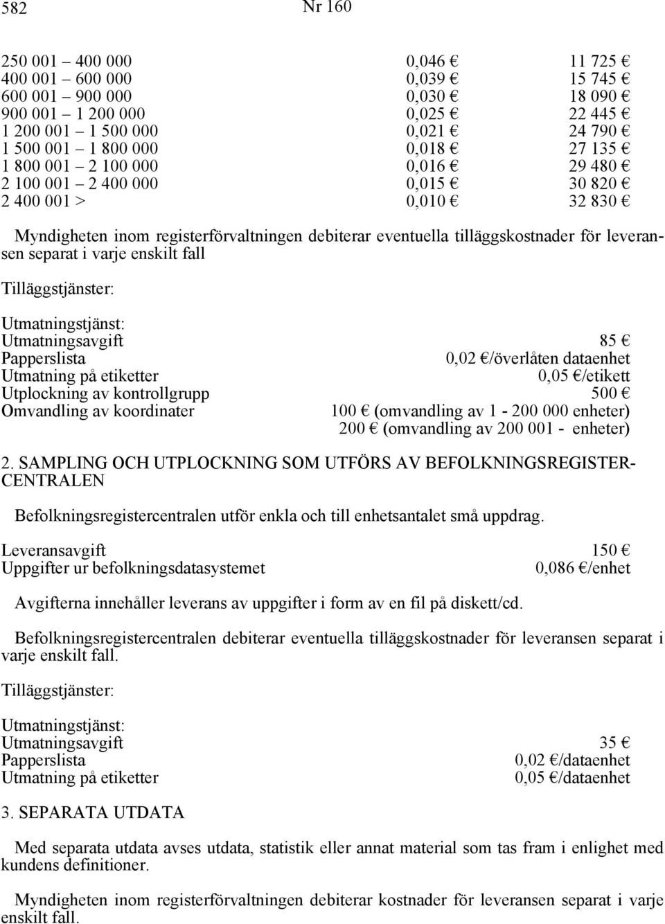 enskilt fall Tilläggstjänster: Utmatningstjänst: Utmatningsavgift 85 Papperslista 0,02 /överlåten dataenhet Utmatning på etiketter 0,05 /etikett Utplockning av kontrollgrupp 500 Omvandling av