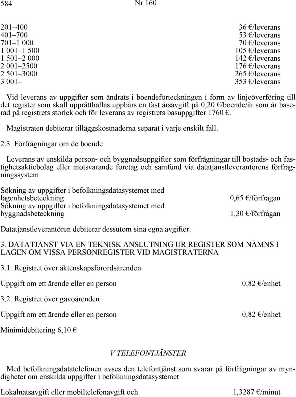 registrets storlek och för leverans av registrets basuppgifter 1760. Magistraten debiterar tilläggskostnaderna separat i varje enskilt fall. 2.3.