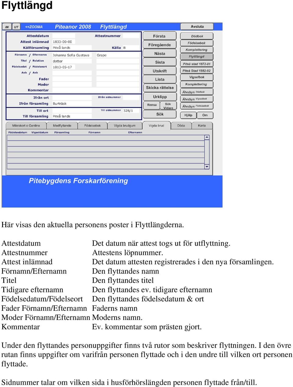 tidigare efternamn Födelsedatum/Födelseort Den flyttandes födelsedatum & ort Fader Förnamn/Efternamn Faderns namn Moder Förnamn/Efternamn Moderns namn. Kommentar Ev. kommentar som prästen gjort.