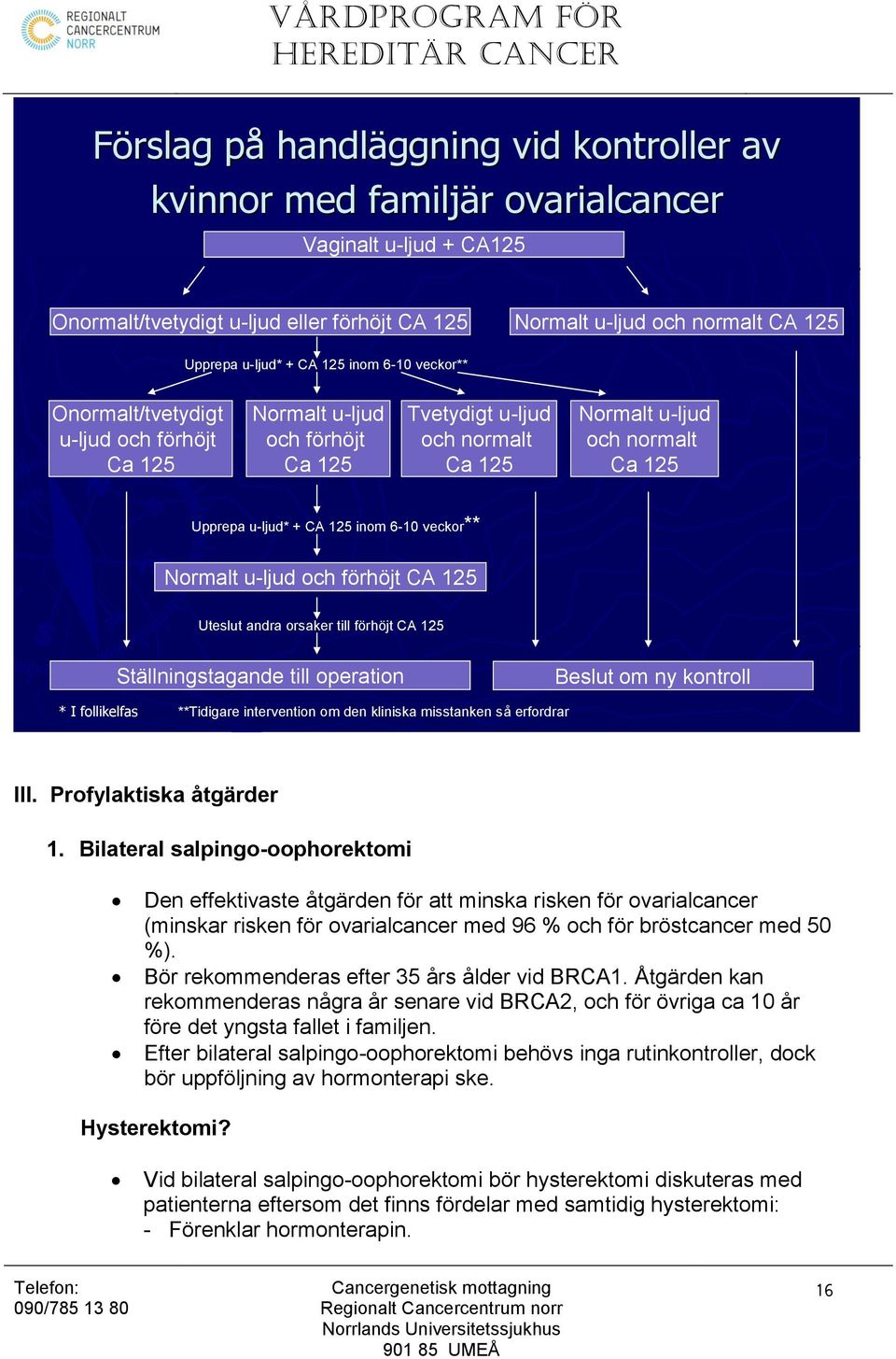 u-ljud* + CA 125 inom 6-10 veckor** Normalt u-ljud och förhöjt CA 125 Uteslut andra orsaker till förhöjt CA 125 Ställningstagande till operation Beslut om ny kontroll * I follikelfas **Tidigare