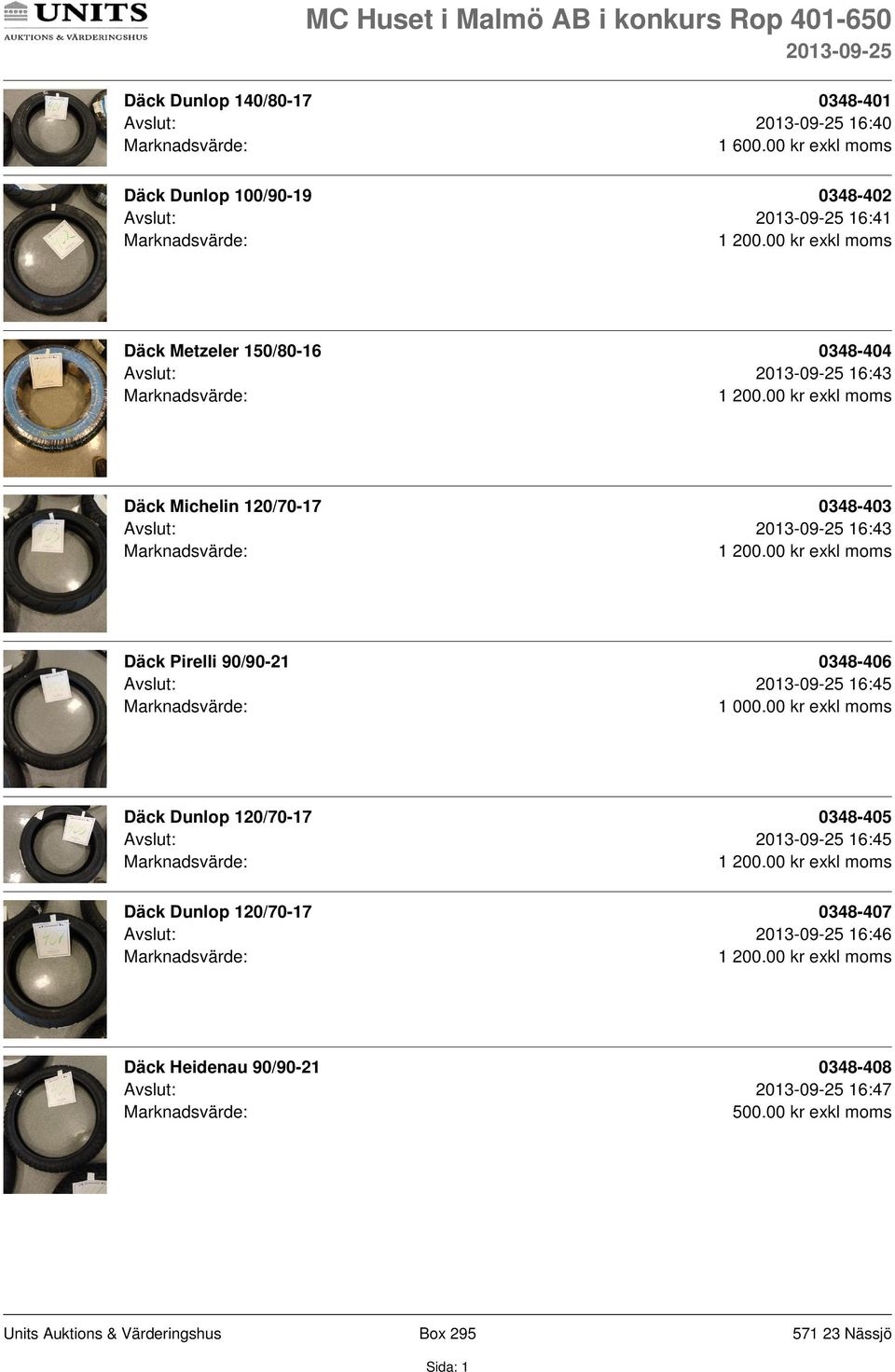 16:43 Däck Michelin 120/70-17 0348-403 Avslut: 16:43 Däck Pirelli 90/90-21 0348-406 Avslut: 16:45 Däck