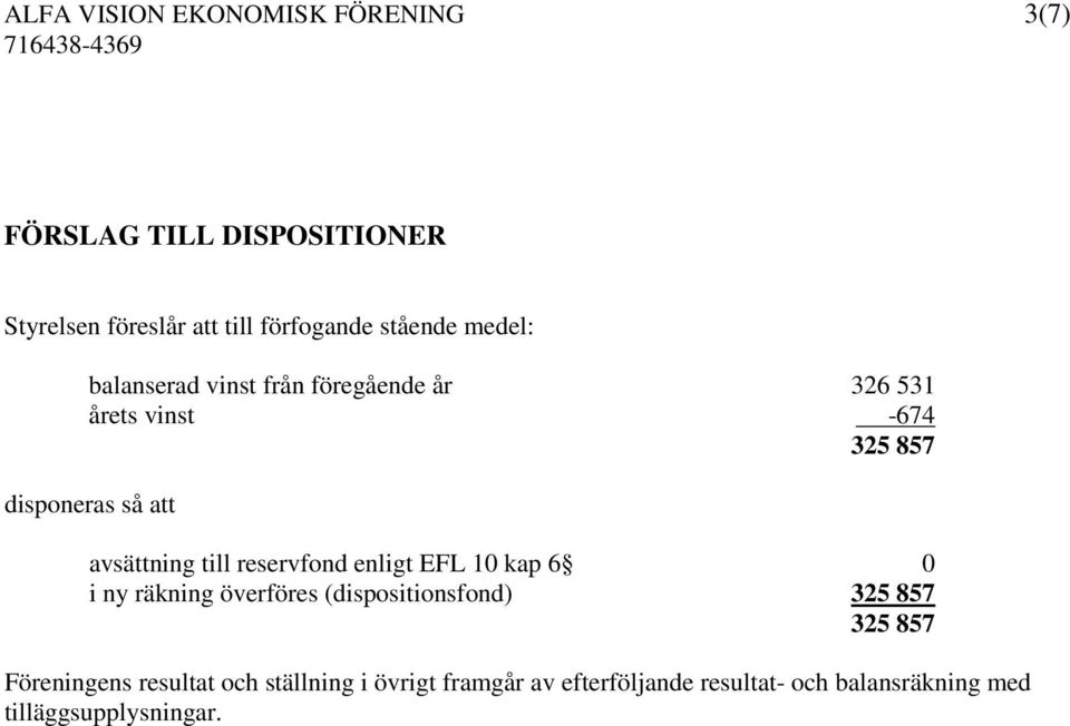 avsättning till reservfond enligt EFL 10 kap 6 0 i ny räkning överföres (dispositionsfond) 325 857 325 857