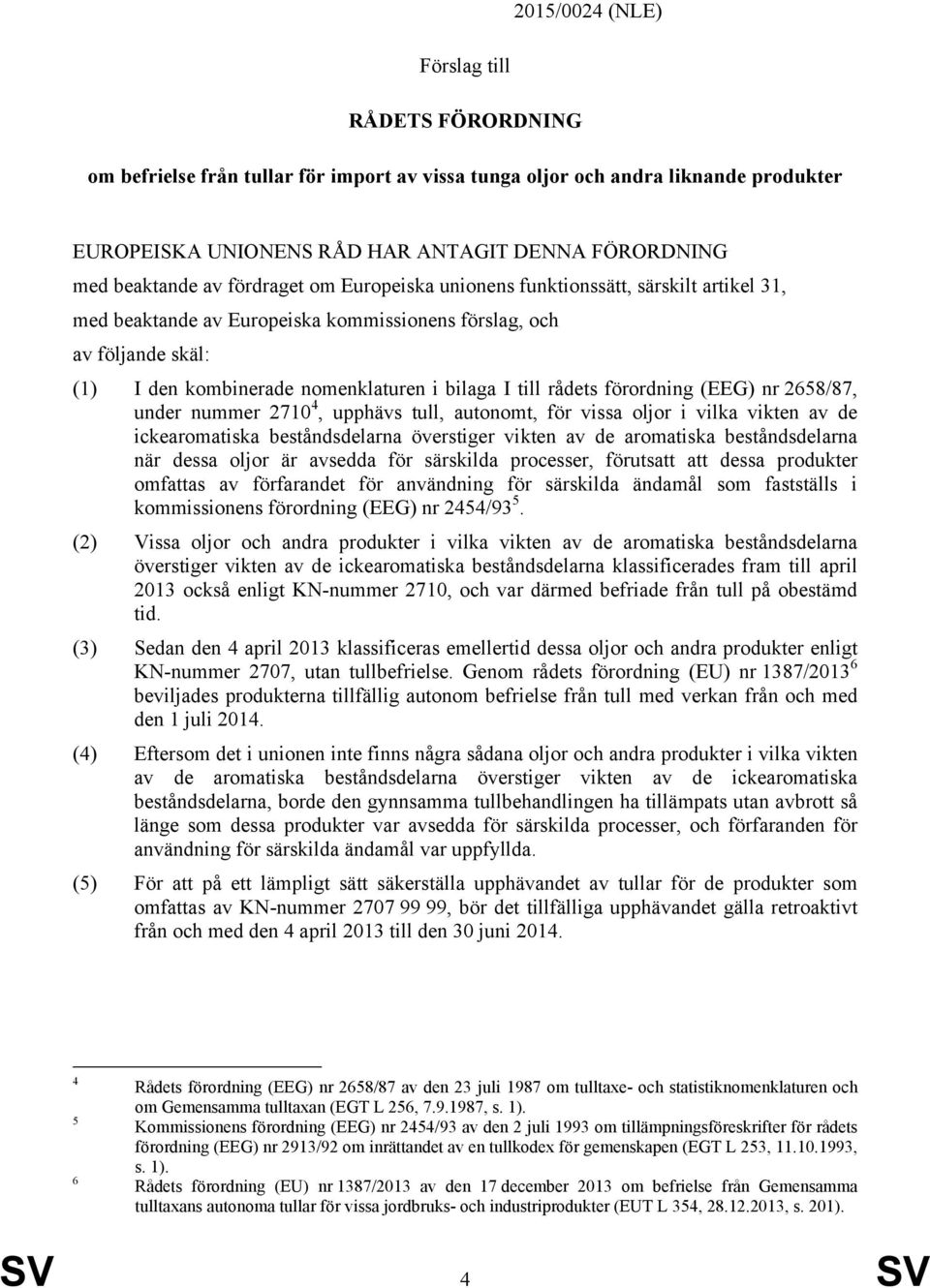 rådets förordning (EEG) nr 2658/87, under nummer 2710 4, upphävs tull, autonomt, för vissa oljor i vilka vikten av de ickearomatiska beståndsdelarna överstiger vikten av de aromatiska beståndsdelarna