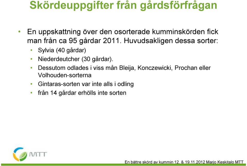 Huvudsakligen dessa sorter: Sylvia (4 gårdar) Niederdeutcher (3 gårdar).