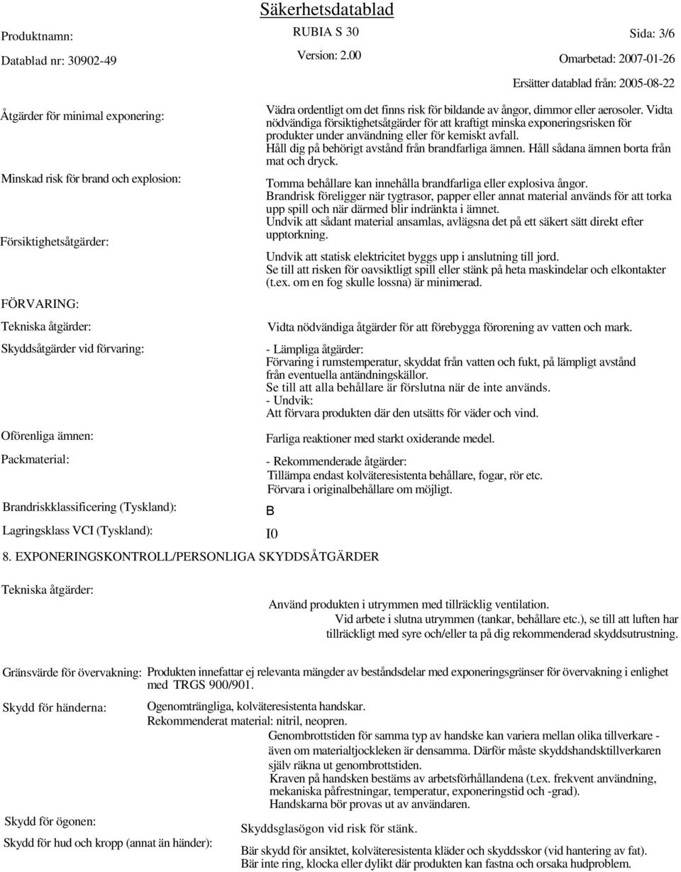 Vidta nödvändiga försiktighetsåtgärder för att kraftigt minska exponeringsrisken för produkter under användning eller för kemiskt avfall. Håll dig på behörigt avstånd från brandfarliga ämnen.