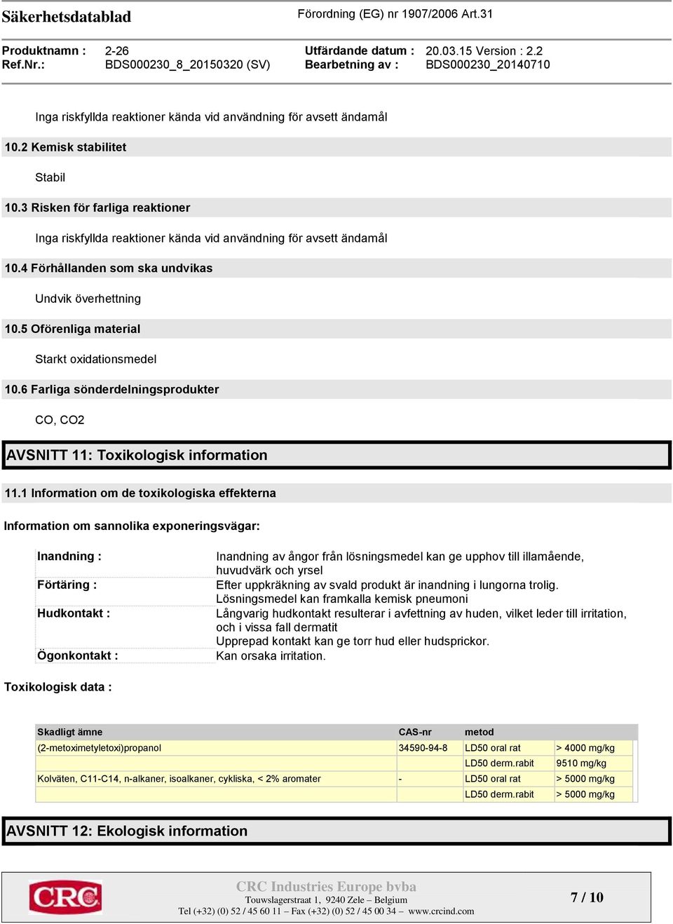 5 Oförenliga material Starkt oxidationsmedel 10.6 Farliga sönderdelningsprodukter CO, CO2 AVSNITT 11: Toxikologisk information 11.