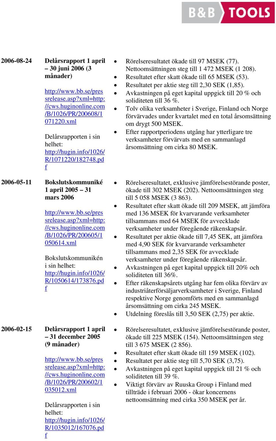 pd 2006-02-15 Delårsrapport 1 aprl 31 december 2005 (9 månader) //cws.hugnonlne.com /B/1026/PR/200602/1 035012.xml Delårsrapporten sn helhet: http://hugn.no/1026/ R/1035012/167076.