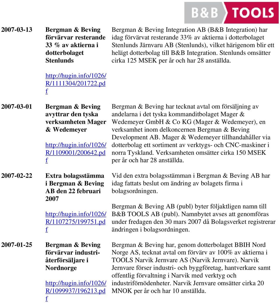 pd 2007-03-01 Bergman & Bevng avyttrar den tyska verksamheten Mager & Wedemeyer http://hugn.no/1026/ R/1109001/200642.