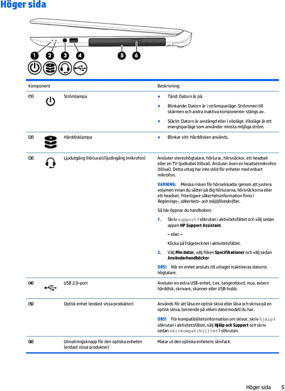 (3) Ljudutgång (hörlurar)/ljudingång (mikrofon) Ansluter stereohögtalare, hörlurar, hörsnäckor, ett headset eller en TV-ljudkabel (tillval). Ansluter även en headsetmikrofon (tillval).